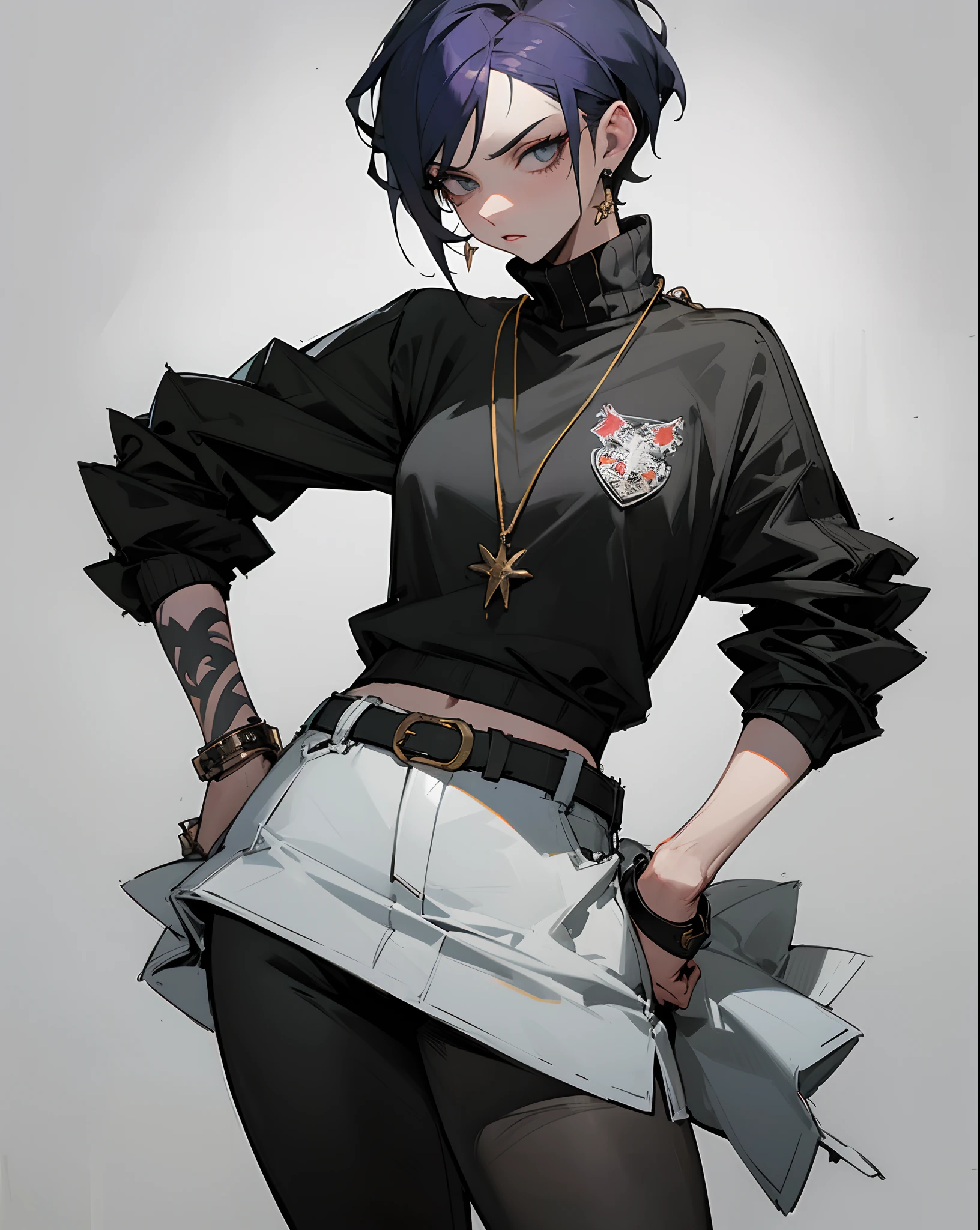 cocky badass arrogant female chav rapper tomboy with an offensive attitude of superiority, exuding a sport agressive nature and class. the womens dons a arrogant slim haircut that of a tomboy The woman is wearing loose-fitting edgier look, baggy saggy stylish hip hop street clothes representing a full westside gang hip hop gangsta image and tattoos . She embodies over power overconfidence and badass swagger . Her posture and expression indicate her highly cocky overpower enegry and invincibility . The details of her outfit, from the perfectly tailored eadgy swagger hip hop clothes to the showcase her refined taste and attention to detail with ultra-detailed rendering that captures every intricate element of the scene. This masterpiece should evoke a sense of admiration and arrogance , showcasing the epitome of gang war attitude