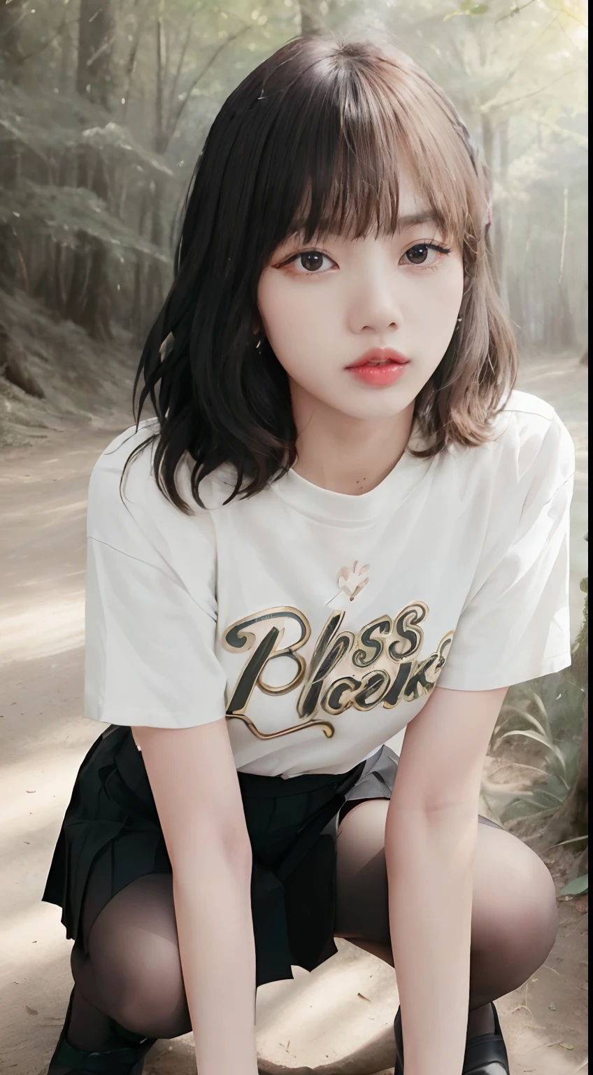 ((Lisa from Blackpink)), t-shirt, tiny pleated skirt, waist-high black tights, high heels, face close-up, very fair skin, short hair, wavy hair, camp, forest, photorealistic, indirect lighting, volumetric light, ray tracing, hyperdetailed, best quality, high resolution, HDR, 8k