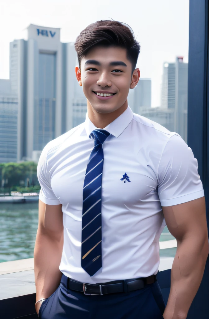 A handsome men ,20 age , Short Hair Hair, korea , Student，(((Wear a white shirt with a navy tie...))), full body view,smile ,Pectoral muscles, Big arm muscles,  Big muscles, Wide shoulders ,athlete , Upper body (1), nighttime: 1.3, bangkok: 1.2