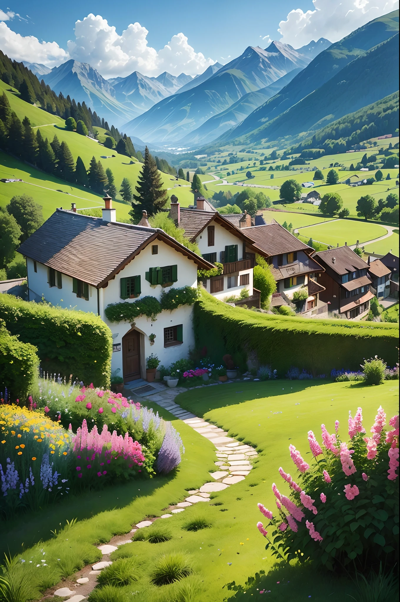 Peaceful and idyllic countryside, Rolling green hills dotted with grazing sheep, Charming villa，Set amidst vibrant flowers, Clear blue sky overhead, Evokes a sense of peace and simplicity, Valle encantador, switzerland, patches of green fields, lush countryside, Valle exuberante,An idyllic village in Milan,，verdant green fields，above a village，Rolling terraces，Colorful garden of flowers and plants，Alpine scenery in the Swiss countryside under the Alps，Carl Sessel Bern，Majestic nature, Swiss architecture, lindo cenario, rios，waterfallr