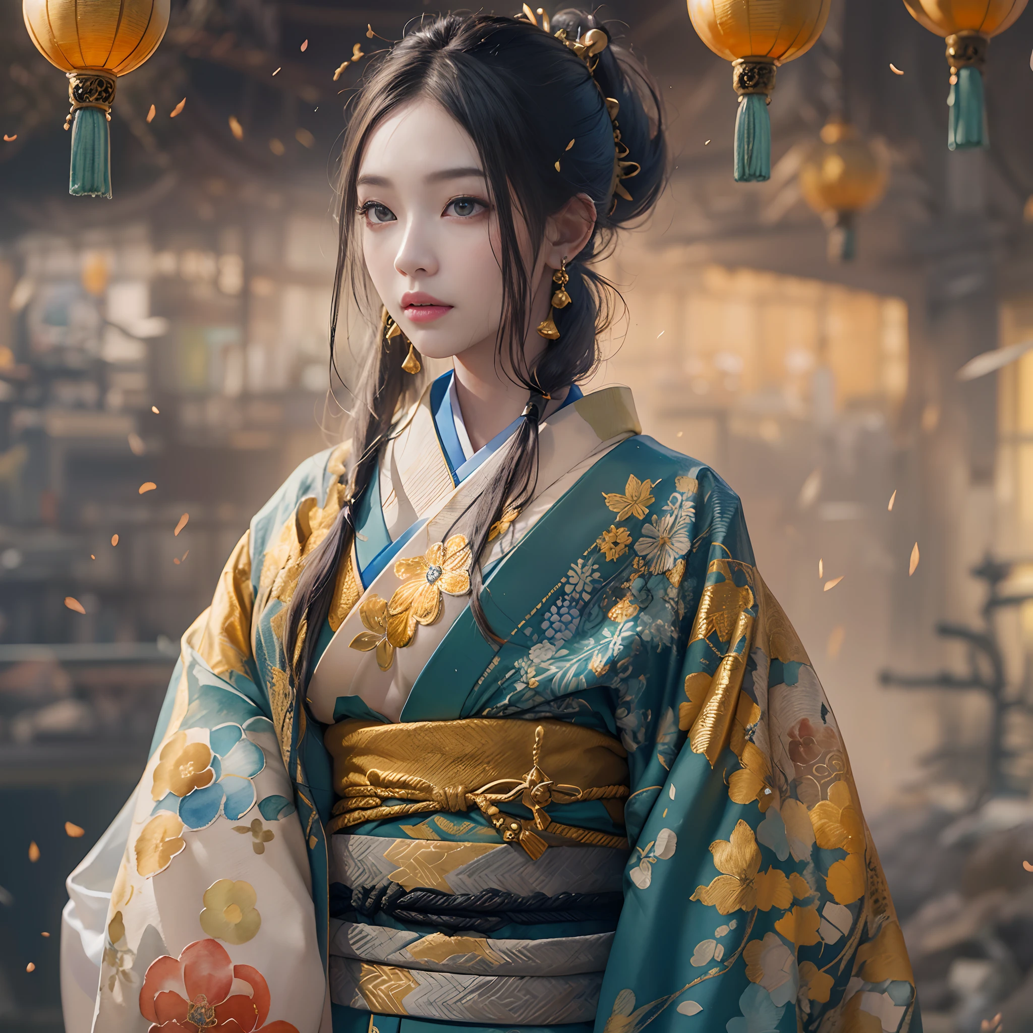 watching at viewers、Background with((The ancient capital of Japan:1.2)And the moon、((dense background))、(Colorful:0.8),,(Solo:1.2), (Ink splashing),(splashes of colour),((watercolor paiting))),BREAK {{{Luxury kimono(Colorful kimono(Detailed golden embroidery,))}}}、face perfect,Depict a beautiful and graceful woman of Japan。(poneyTail:1.5)、Woman with shiny black hair、perfect hand、Heart in the eye,Large breasts,cleavage of the breast,full body Esbian。 Wallpaper 8K, .Blur the background with a sickle,((masutepiece)), ((Best Quality)),epicd(Lige Fries Photography、sony a7、50 millimeters、pores:1.5、Farbe、ultra-detailliert:1.5、film grains:1.4、hyper realisitic:1.5)、octan render、 ultra realistic lifelike textures、​masterpiece、unrealengine5、the Extremely Detailed CG Unity 8K Wallpapers、Madly detailed photo、Ultra-realistic light、(Pulitzer Prize for Best Photography、Taylor Wessing Award for Best Photography)