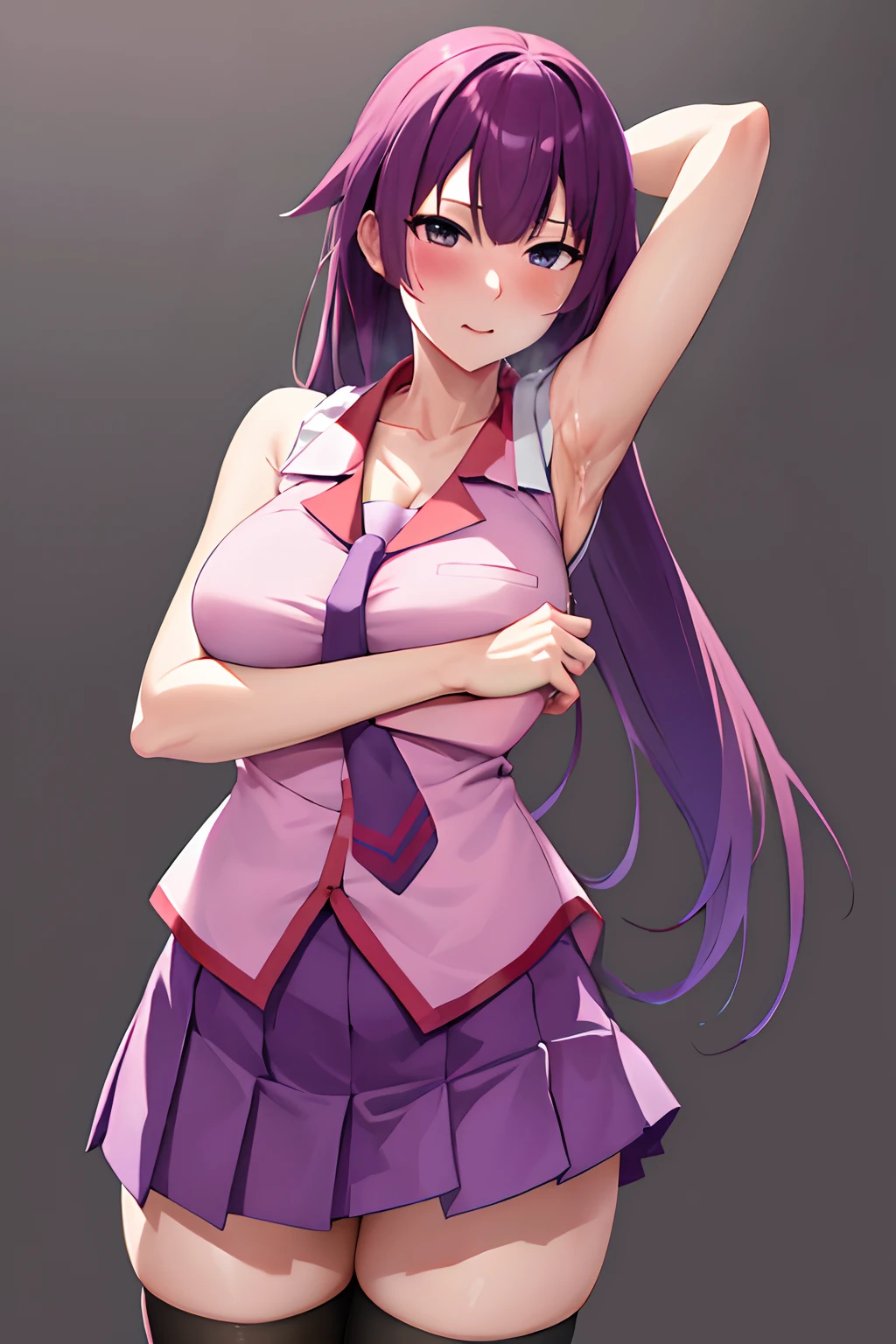 masterpiece, best quality, highres, sh1, senjougahara hitagi, long hair, sleeveless, necktie, school uniform, pleated skirt, black thighhighs, pink shirt, cowboy shot, crossed arms, streets,The whole body is drenched,The whole body is soaking wet, cum,cum on body,cum on clothes,cumdrip,cum on breasts,female masturbation,arms behind head,cum overflow,female ,cum in mouth,facial,bukkake