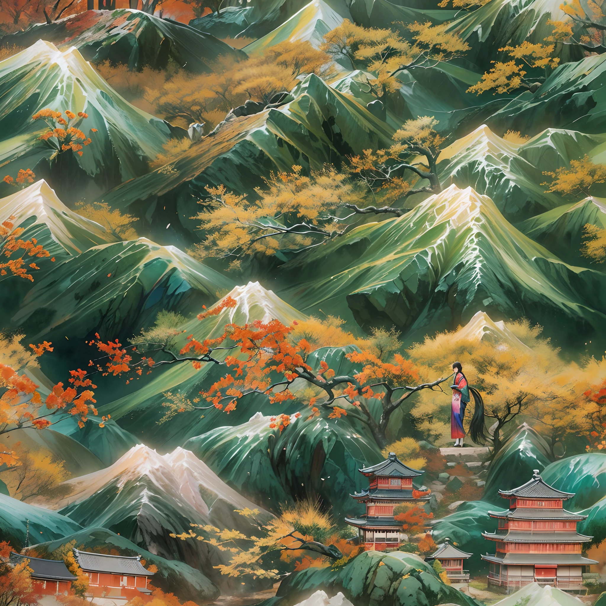 watching at viewers、Background with((The ancient capital of Japan:1.2)And the moon、((dense background))、(Colorful:0.8),,(Solo:1.2), (Ink splashing),(splashes of colour),((watercolor paiting))),BREAK {{{Luxury kimono(Colorful kimono(Detailed golden embroidery,))}}}、face perfect,Depict a beautiful and graceful woman of Japan。(poneyTail:1.5)、Woman with shiny black hair、perfect hand、Heart in the eye,Large breasts,cleavage of the breast,full body Esbian。 Wallpaper 8K, .Blur the background with a sickle,((masutepiece)), ((Best Quality)),epicd(Lige Fries Photography、sony a7、50 millimeters、pores:1.5、Farbe、ultra-detailliert:1.5、film grains:1.4、hyper realisitic:1.5)、octan render、 ultra realistic lifelike textures、masterpiece、unrealengine5、the Extremely Detailed CG Unity 8K Wallpapers、Madly detailed photo、Ultra-realistic light、(Pulitzer Prize for Best Photography、Taylor Wessing Award for Best Photography)