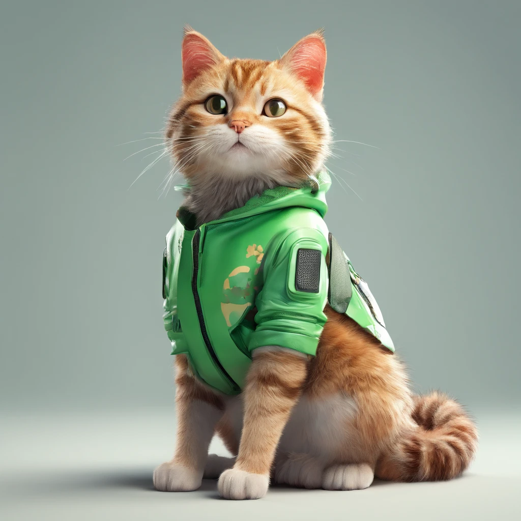 Perfect centering, Cute cat, Wearing a jacket,American Shortcat,in green,Rose flower, Wearing headphones, cheerfulness, Standing position, Abstract beauty, Centered, Looking at the camera, Facing the camera, Approaching perfection, Dynamic, Highly detailed, Smooth, Sharp Focus, 8K, hight resolution, Illustration, art by carne griffiths and wadim kashin, White background