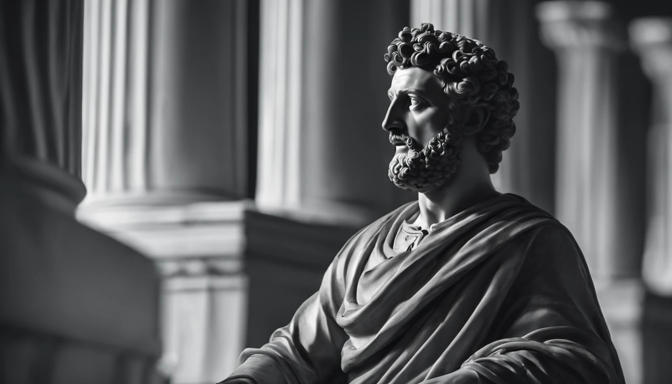 a portrait statue of the stoic Marcus Aurelius in black and white 4K,Face de lado, papel de parede super realista