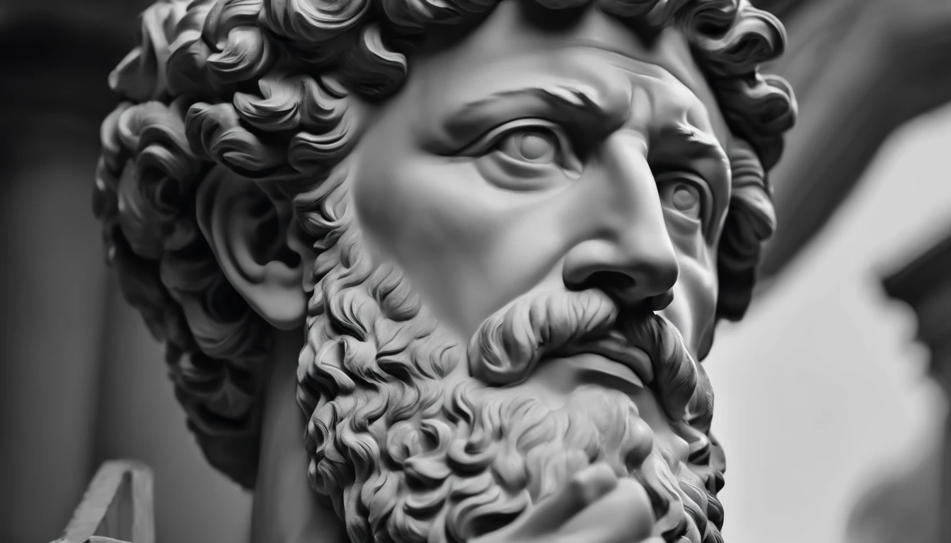 a portrait statue of the stoic Marcus Aurelius in black and white 4K,Face de lado, papel de parede super realista