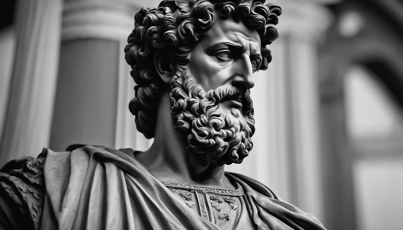 a portrait statue of the stoic Marcus Aurelius in black and white 4K,Face de lado, papel de parede super realista