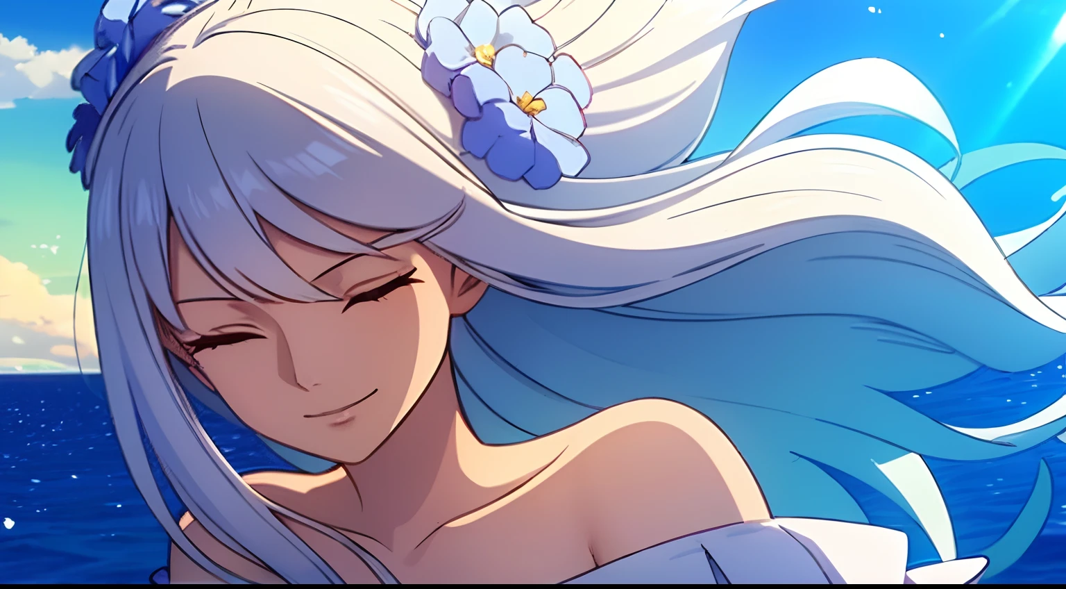 Masterpiece, Best quality, 1lady, ((solo)), very long white hair, blue flower hair accessories, closed eyes, light smile, on the ship, cape, off shoulder dress, sea, close up, hair blowing