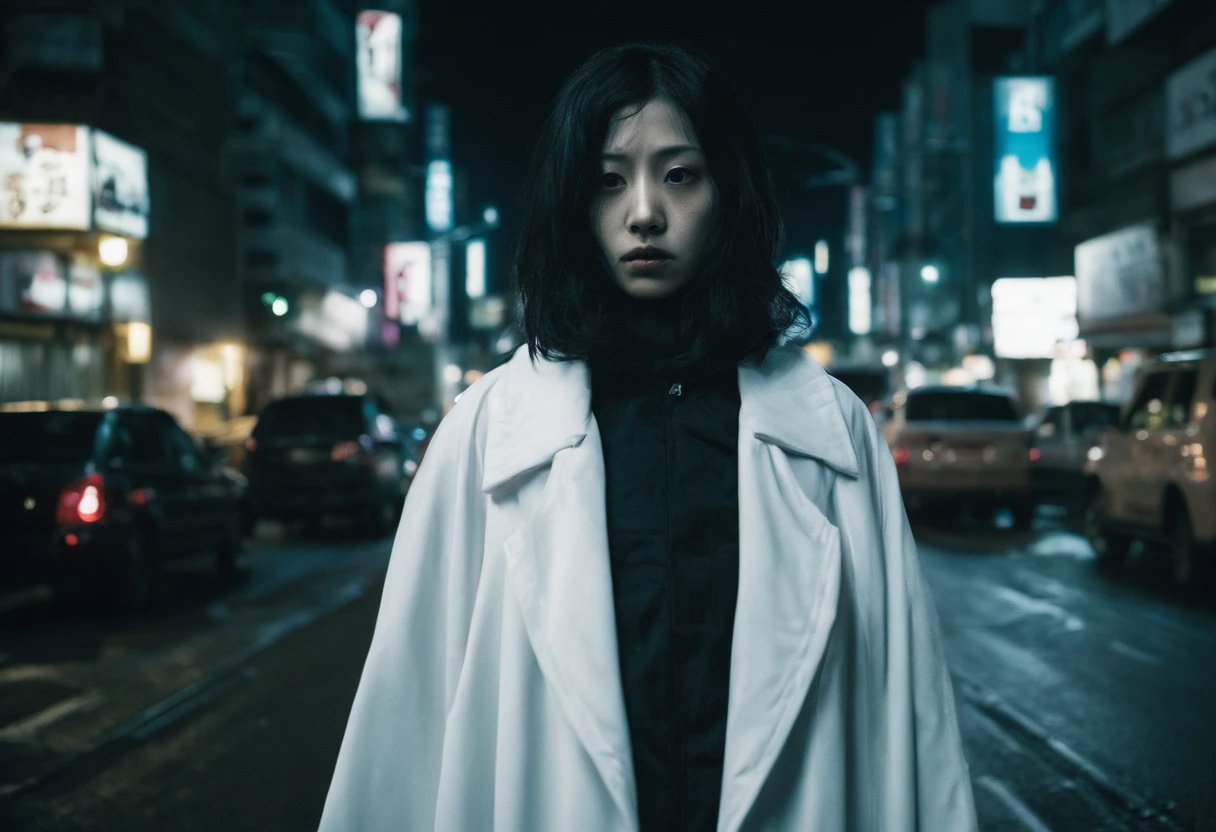 Beautiful petite young Japan woman, 28 year old, Short black hair,Floppy hair, Cold, (Woman in white coat:1.5), (ghost:1.5), on tokyo street, Scary, photojournalism, 35 mm, Kodak Gold 200, depth of fields, Night Road、Woman