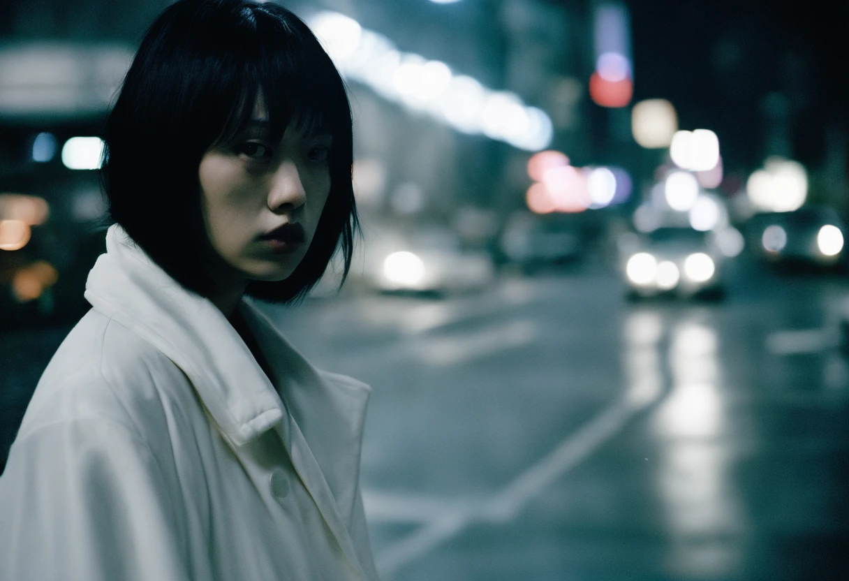 Beautiful petite young Japan woman, 28 year old, Short black hair,Floppy hair, Cold, (Woman in white coat:1.5), (ghost:1.5), on tokyo street, Scary, photojournalism, 35 mm, Kodak Gold 200, depth of fields, Night Road、Woman