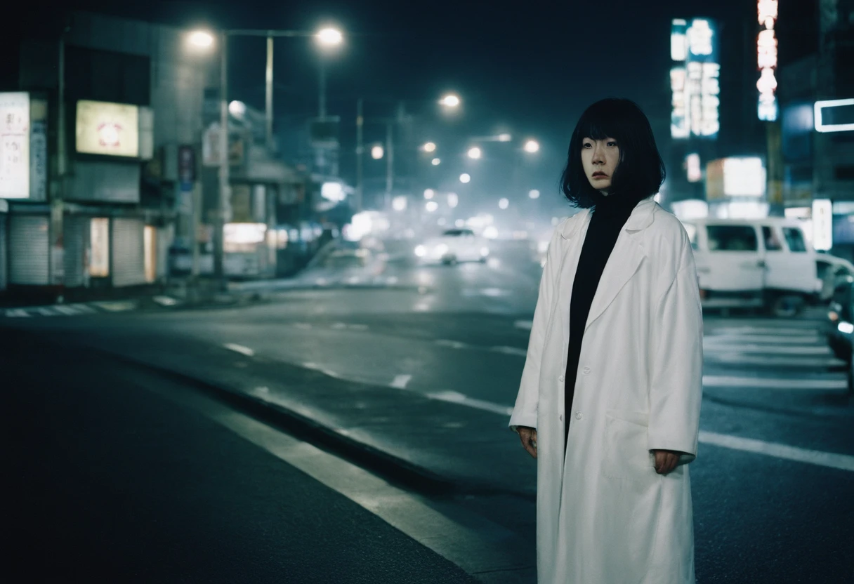 Beautiful petite young Japan woman, 28 year old, Short black hair,Floppy hair, Cold, (Woman in white coat:1.5), (ghost:1.5), on tokyo street, Scary, photojournalism, 35 mm, Kodak Gold 200, depth of fields, Night Road、Woman
