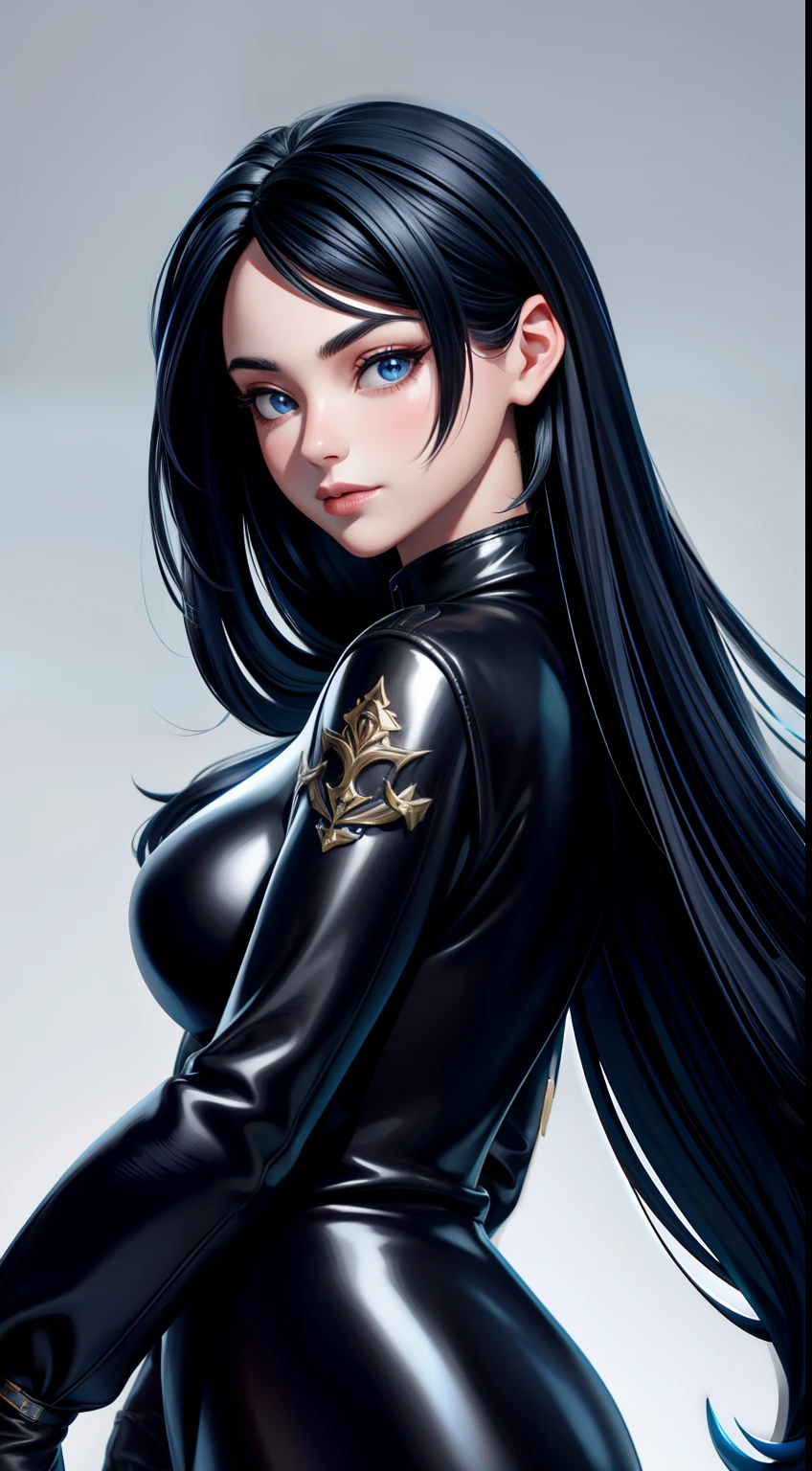 solo, super fine photo, portrait picture Unreal Engine 5 8K UHD of a girl, wearing black and blue tight shiny suit, long black glove, long white hair, fantasy character, best quality, masterpiece, unified 8k wallpaper, super detailed, sharp focus, female pose