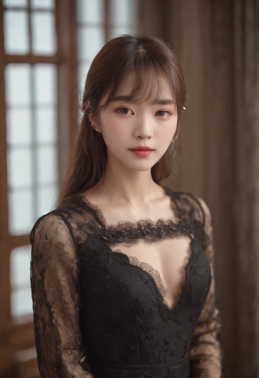 top-quality, Photorealsitic, masterpiece, 8K, Hi-Res, 独奏, 1girl in, (((infp young woman))),sixteen years old、full body Esbian、(small tits), ((Look at viewers)), (look at a camera), ((Different hairstyles close to long))、Perfect straight black hair、(((With bangs)))、 (profetional lighting), Highly detailed bright face、Gentle Japan girl、Lovely smile、Small cleavage、Black dress with lace(long-sleeve)、Standing in the room