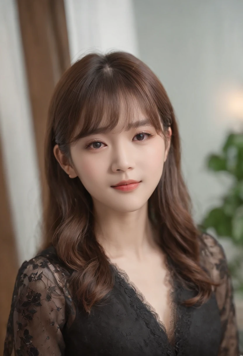 top-quality, Photorealsitic, masterpiece, 8K, Hi-Res, 独奏, 1girl in, (((infp young woman))),、full body Esbian、(small tits), ((Look at viewers)), (look at a camera), ((Different hairstyles close to long))、Perfect straight black hair、(((With bangs)))、 (profetional lighting), Highly detailed bright face、Gentle Japan girl、Lovely smile、Small cleavage、Black dress with lace(long-sleeve)、Standing in the room