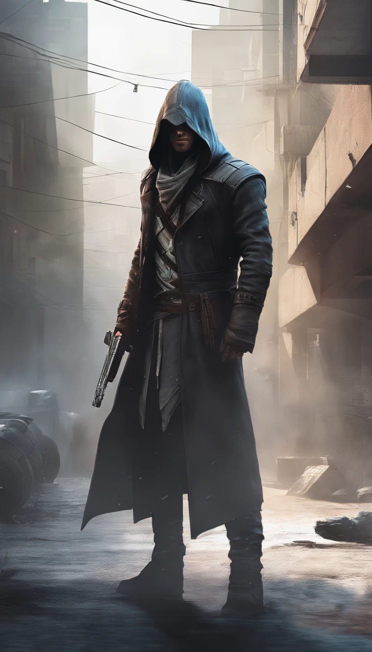a young man in a hood pulled over his eyes,long wavy hair from under the hood, diffused light,fog in the background,the style of the game assassin creed