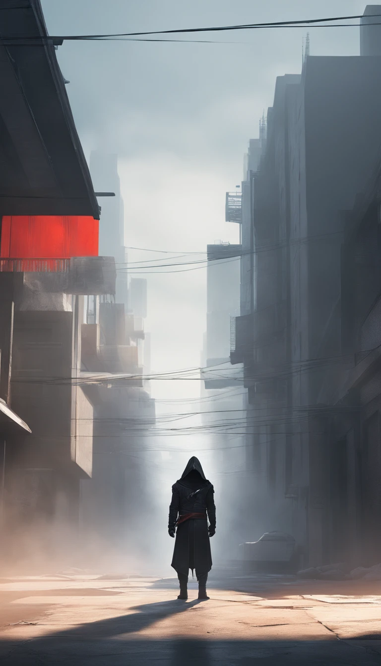 a young man in a hood pulled over his eyes,long wavy hair from under the hood, diffused light,fog in the background,the style of the game assassin creed
