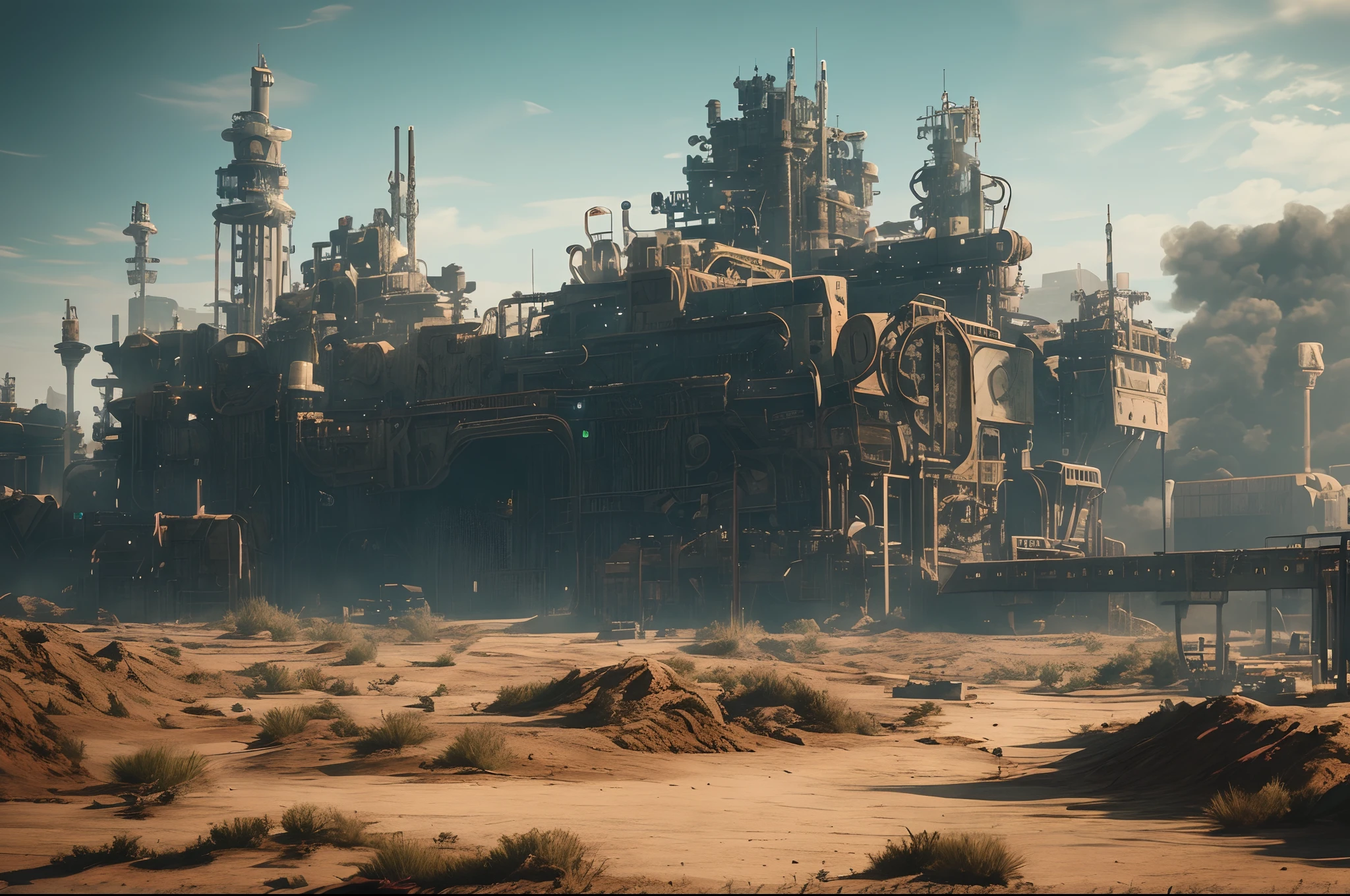 Wasteland,A huge steam-mechanical moving castle with mechanical limbs,dust kicked up,dynamic blur,super-fine,ultra - detailed,high qulity,8K ,oc rendered,dynamic viewing angle,Hyper Real,Ultra photo realsisim