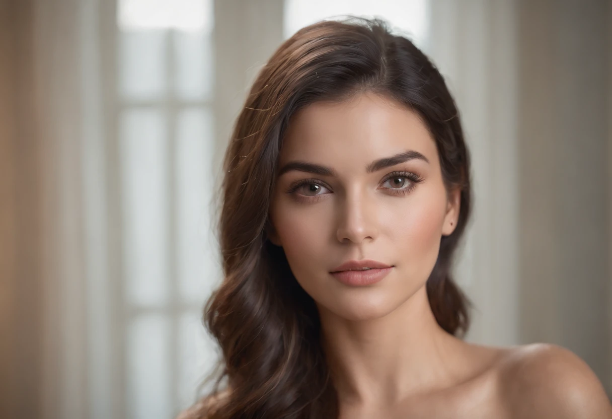 Mulher morena, 8k, ultra realista, quarto, cama, olhar sedutor, olhar penetrante, morena, cabelos longos, barriga definida, olhos claros coxas definidas, sul americana,