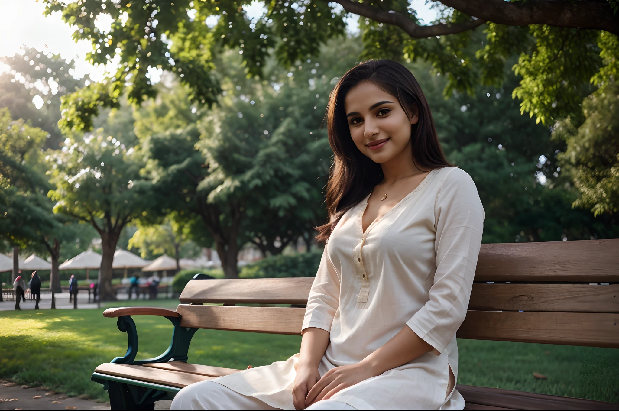A woman sitting on a park bench, wearing kurta, cleavage visible, sunny, diffused lighting, mobile photo, old photograph, hyper realistic, detailed, 35mm, wide angle shot, unsaturated colors, hazy, smiling