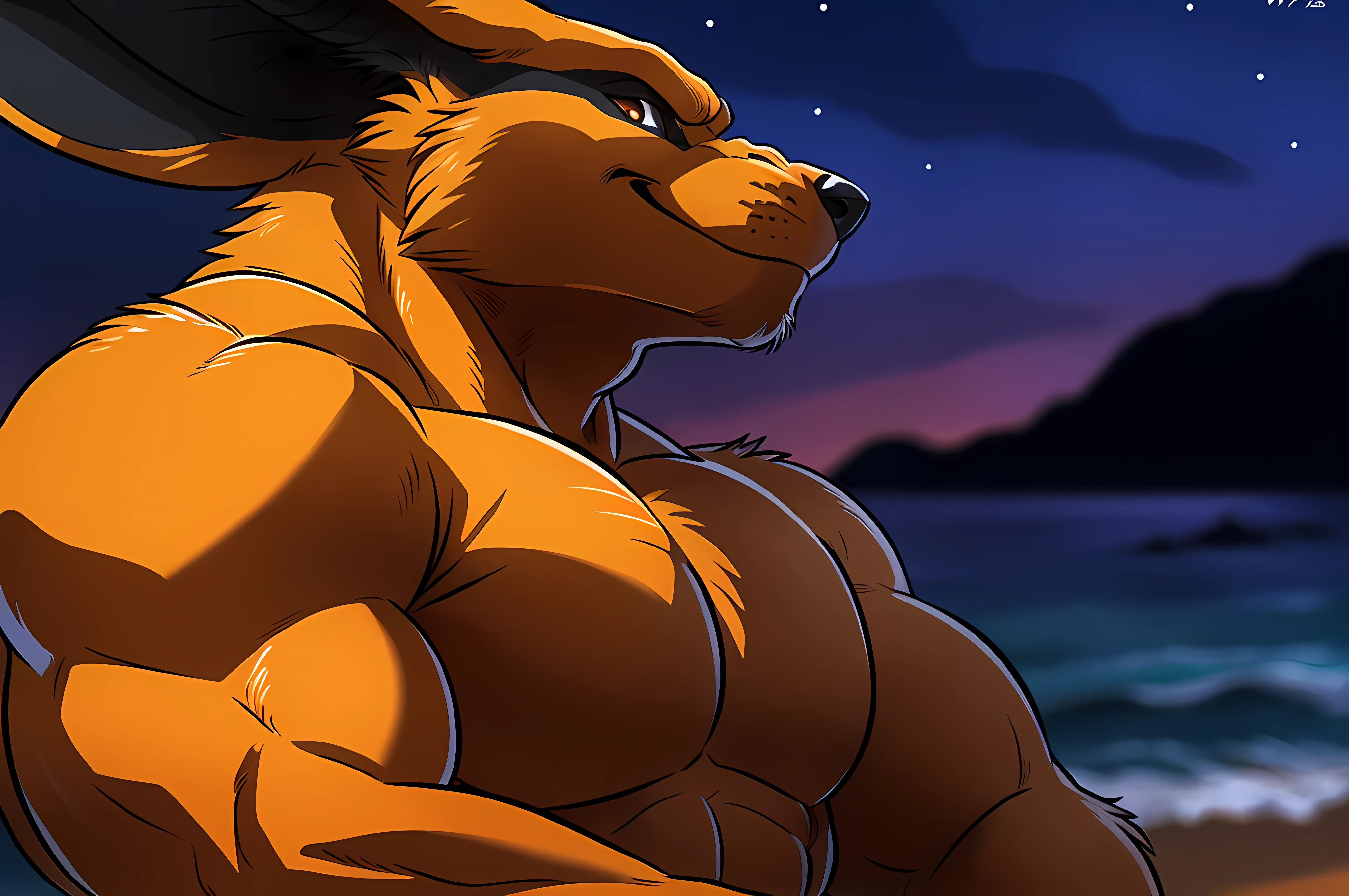 Kurama. 4k, high resolution, best quality, posted on e621, solo, anthro body, male, adult, very masculine, (very muscular, heavyweight, pectorals:1.2), correct anatomy, (beach background, sea background, sky background, night, night lighting, dark lighting:1.0), (blurry background, out-of-focus background:1.3), (by wfa:1.1), (by negger:0.8), (cel shaded, cartoony shading, strong shadows, dark shadows:1.2), black lineart, black outline, confident, proud, (detailed eyes:1.2), (tail, large tail:1.1), flexing biceps, close-up, upper body