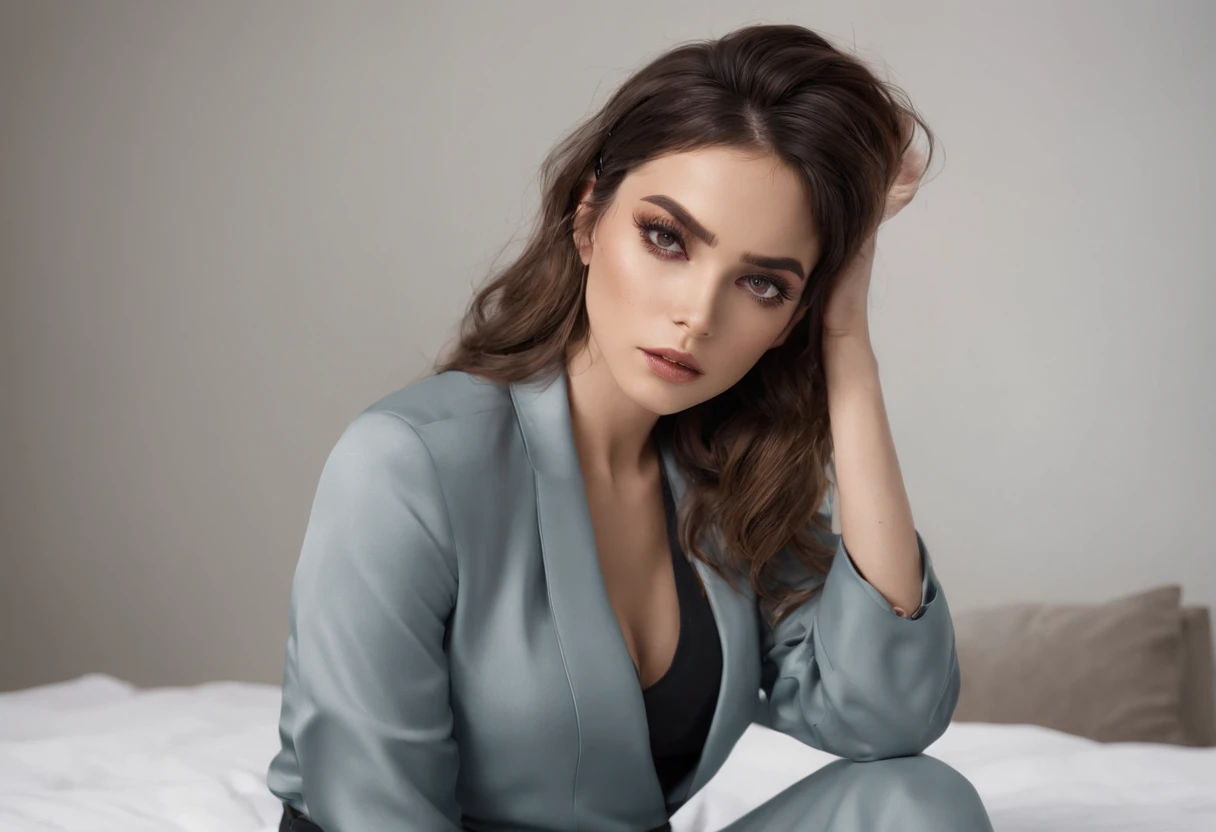 Mulher morena, 8k, ultra realista, quarto, cama, olhar sedutor, olhar penetrante, morena, cabelos longos, barriga definida, olhos claros coxas definidas, sul americana,