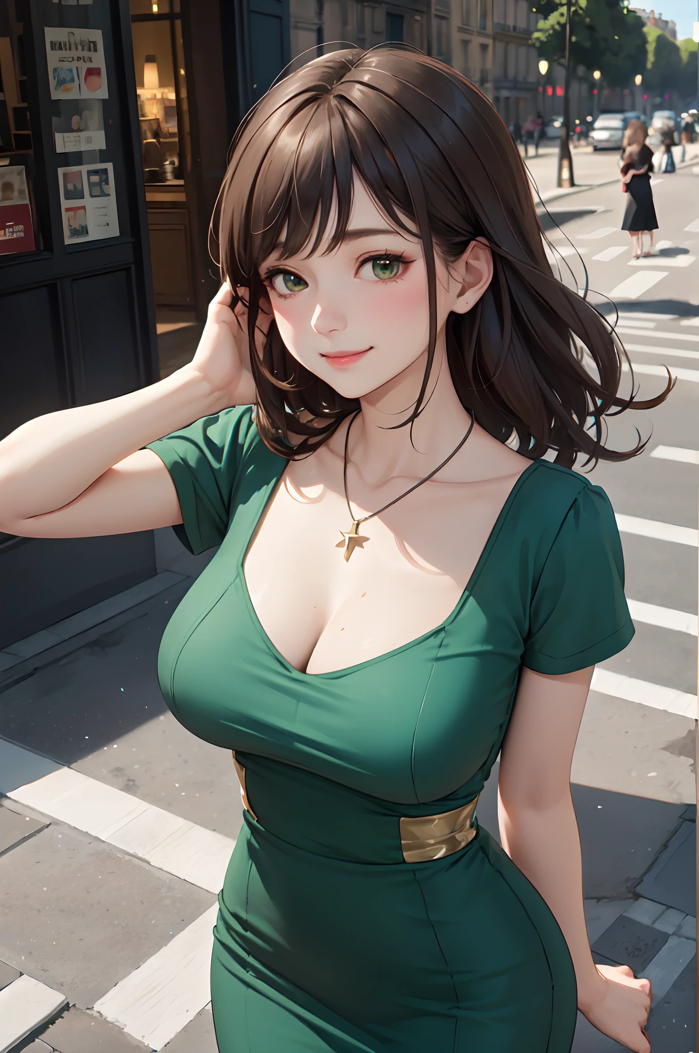 1lady standing, mature female, /(pencil dress/) /(deep green dress/) necklace, /(brown hair/) bangs, blush kind smile, (masterpiece best quality:1.2) delicate illustration ultra-detailed, large breast, arms down BREAK /(streets of Paris/), detailed background
