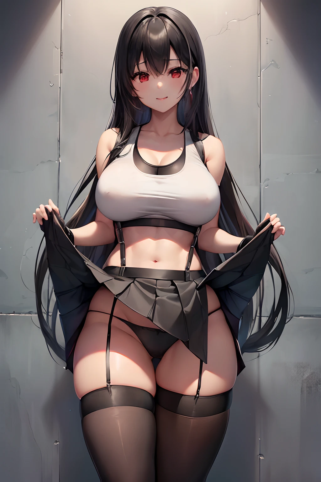 Tifa FF7、1girl in、独奏、looking at the viewers、a smile、(white tank tops:1.3)、a black skirt、Suspender Skirt、Midriff、(black thighhighs:1.3)、Red gloves、bra very、zettairyouiki、is standing,(Skirt lift:1.3), (white panties:1.3)、(Skirt that rolls up:1.3)、(Fully exposed panties:1.5),