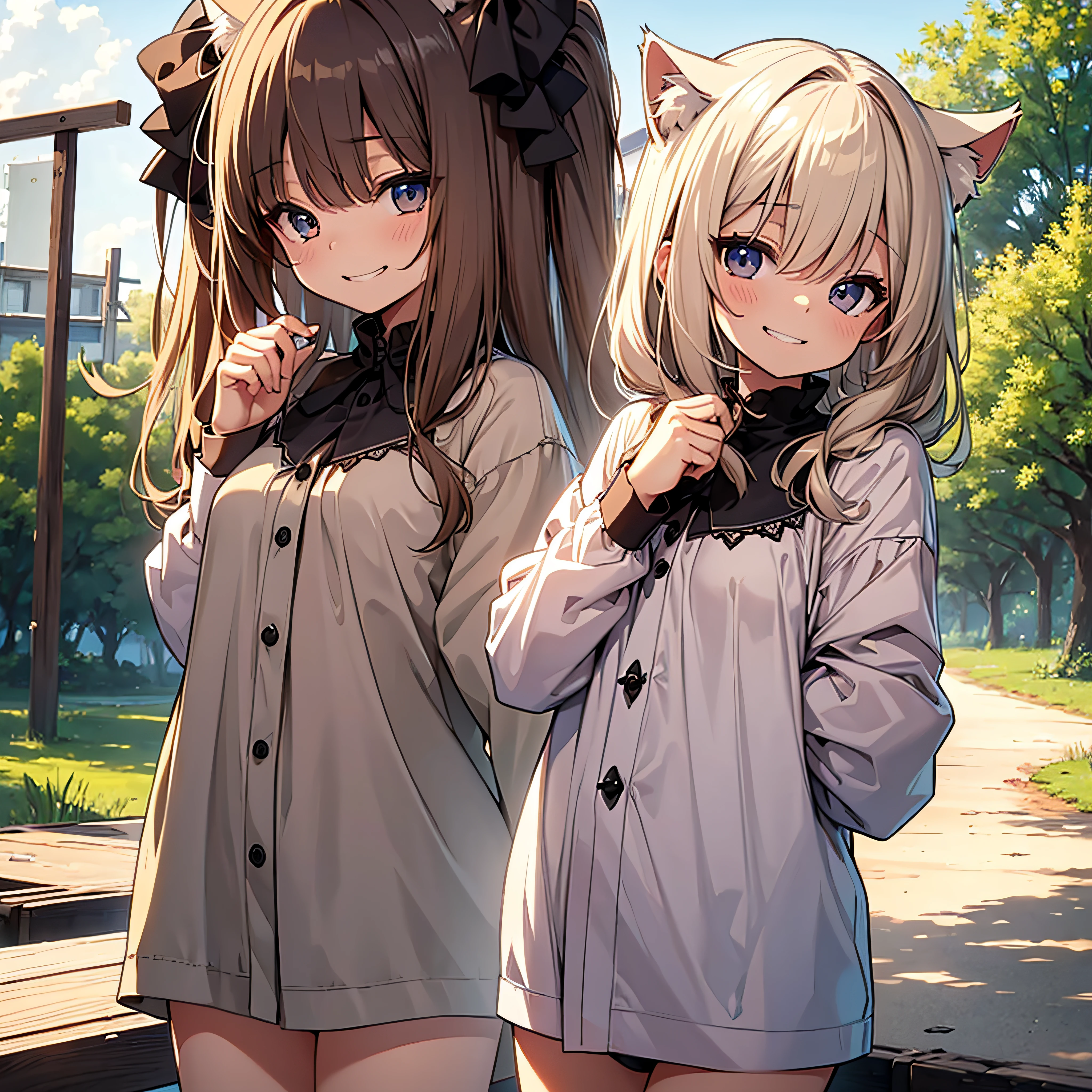 ((Top Quality,8k, 32k,Masterpiece:1.2)),in underwear playing innocently on the prairie, loli, cat ears, grin