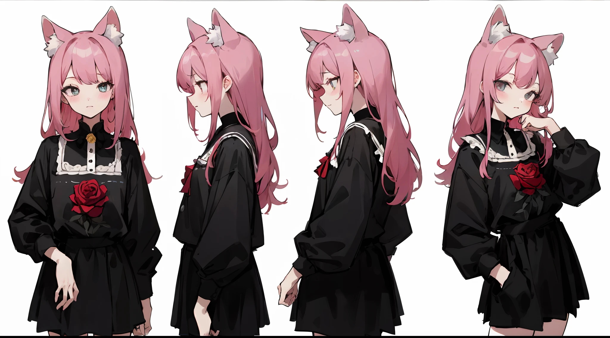 Masterpiece: 1.6, Best Quality: 1.4, Live Image: 1.2, intricate details: 1.2, Graphicsournerv2: 1.2, petite girl, rose hair, cat ears, clothes in the style of vokoloid, whitebackground (Single background, whitebackground: 1.3), multiple views, Multiple images of the same character in one outfit: 1.3.
