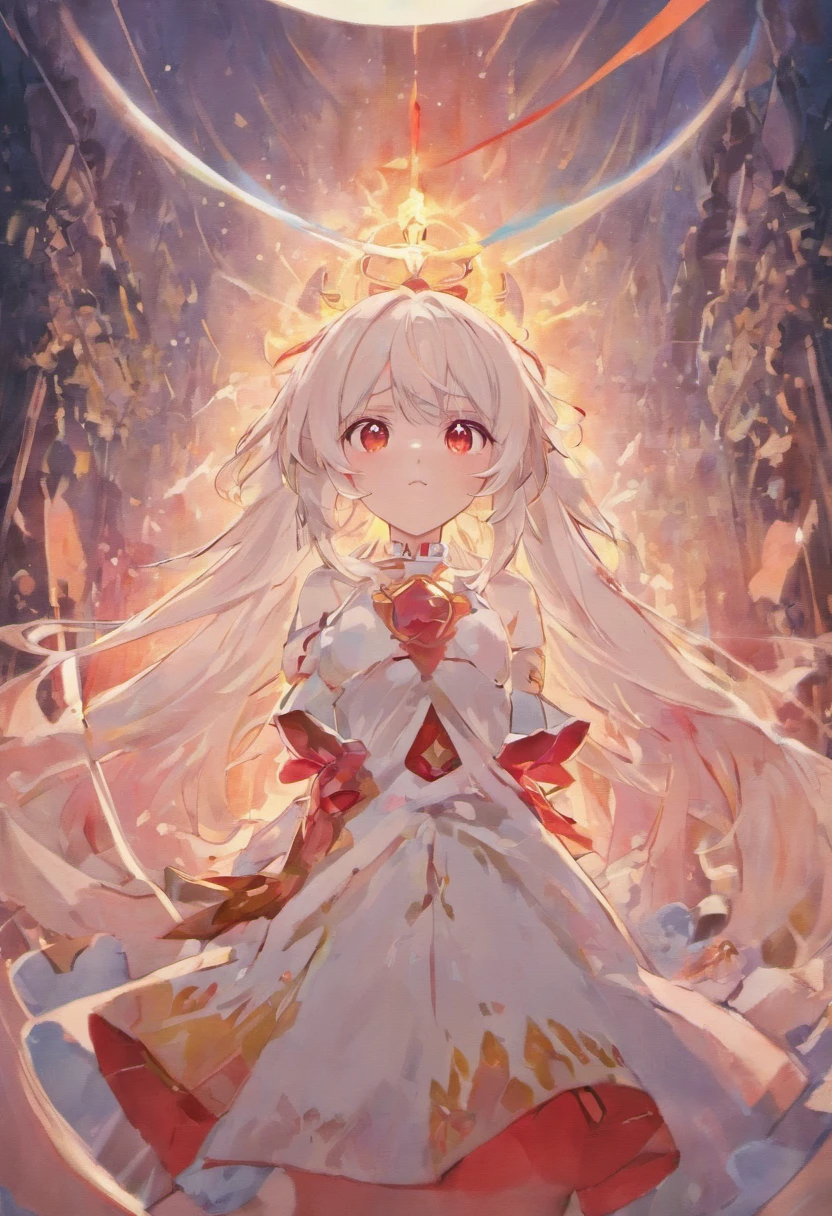 Anime girl staring at camera with long white hair and red eyes, white-haired god, she has a cute expressive face, white haired Cangcang, ( ( ( yoshinari yoh ) ) ), Today's featured anime stills, hajime yatate, White-haired, animated still, still from tv anime, anime visual of a cute girl, Maiden white hair Poké ball