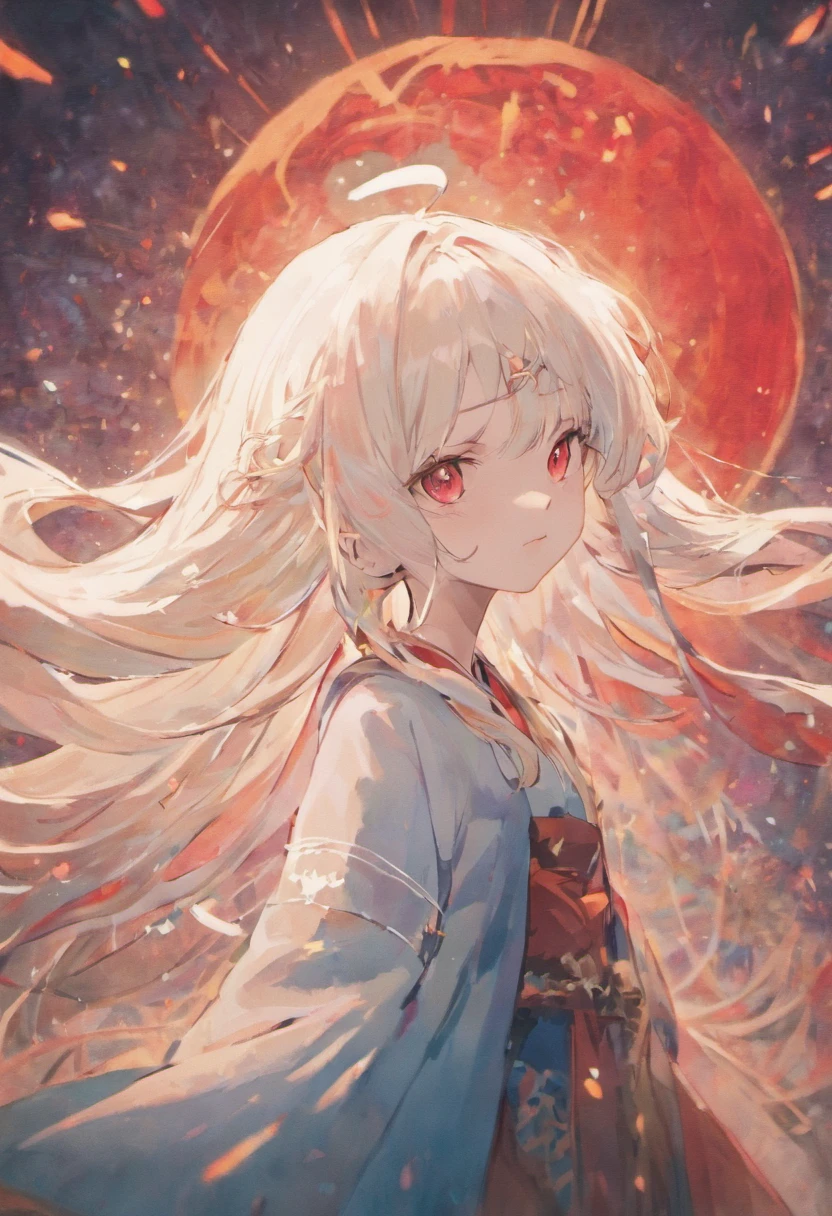 Anime girl staring at camera with long white hair and red eyes, white-haired god, she has a cute expressive face, white haired Cangcang, ( ( ( yoshinari yoh ) ) ), Today's featured anime stills, hajime yatate, White-haired, animated still, still from tv anime, anime visual of a cute girl, Maiden white hair Poké ball