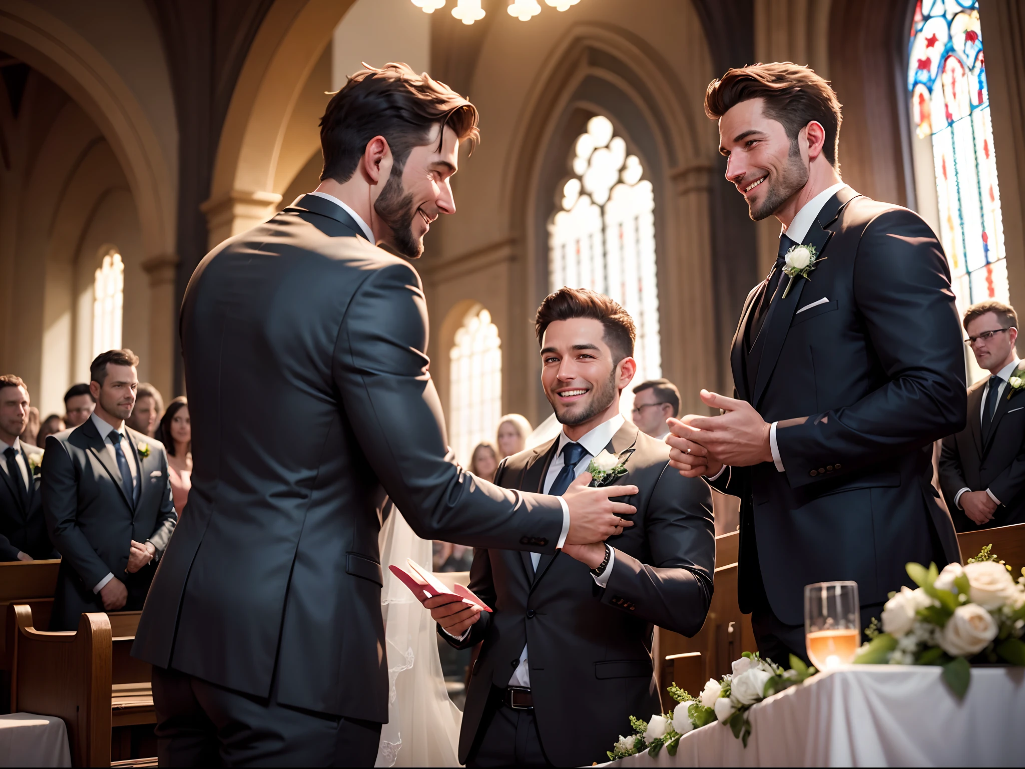 Realistic, 8K image of a handsome 38-year-old man dressed in a suit, smiling, greeting people at the altar of an evangelical church, set up for a wedding, night scene