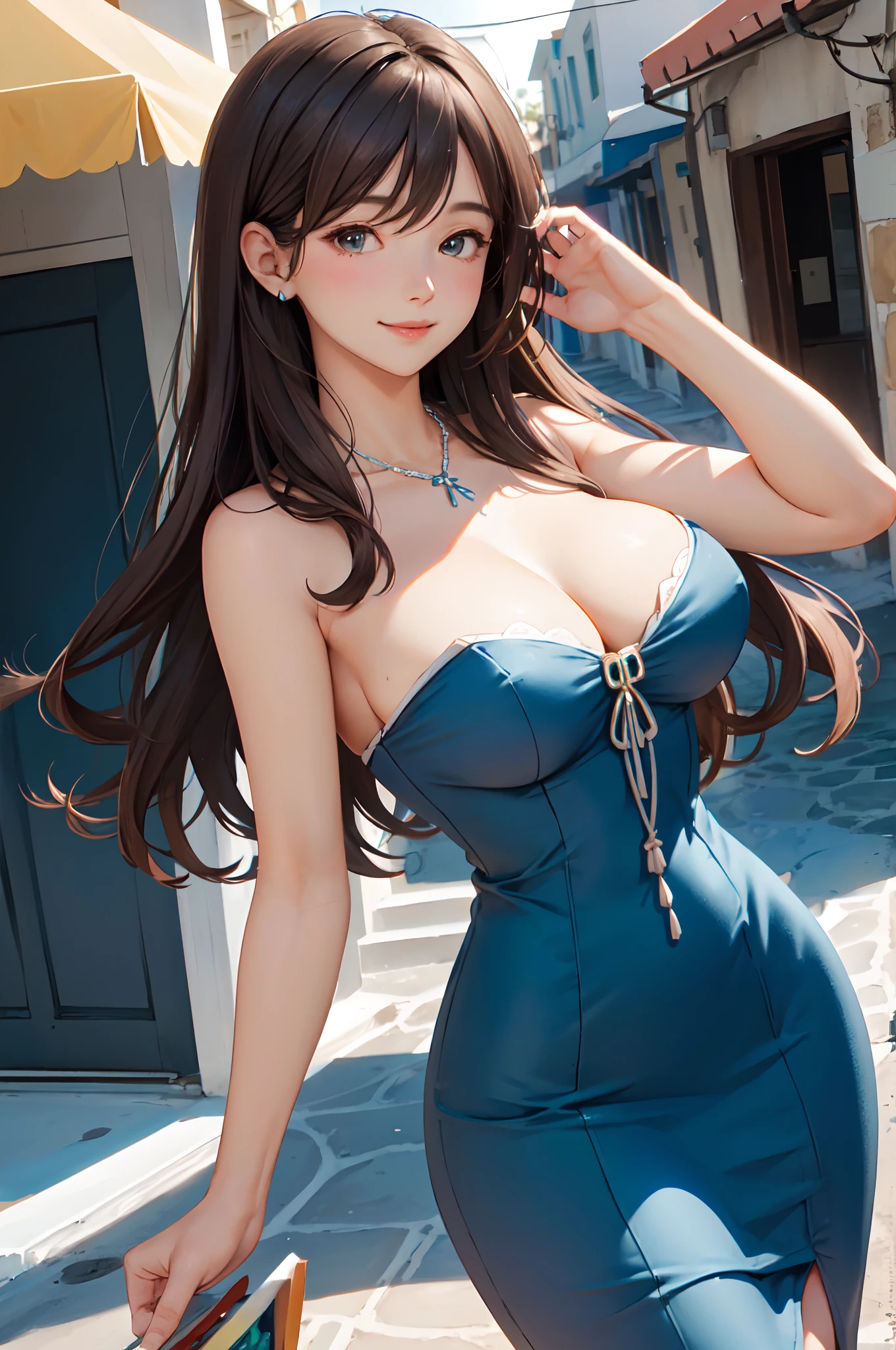 1lady standing, mature female, /(pencil dress/) /(blue dress/) necklace, /(brown hair/) bangs, blush kind smile, (masterpiece best quality:1.2) delicate illustration ultra-detailed, large breast, arms down BREAK /(streets of Santorini/), detailed background