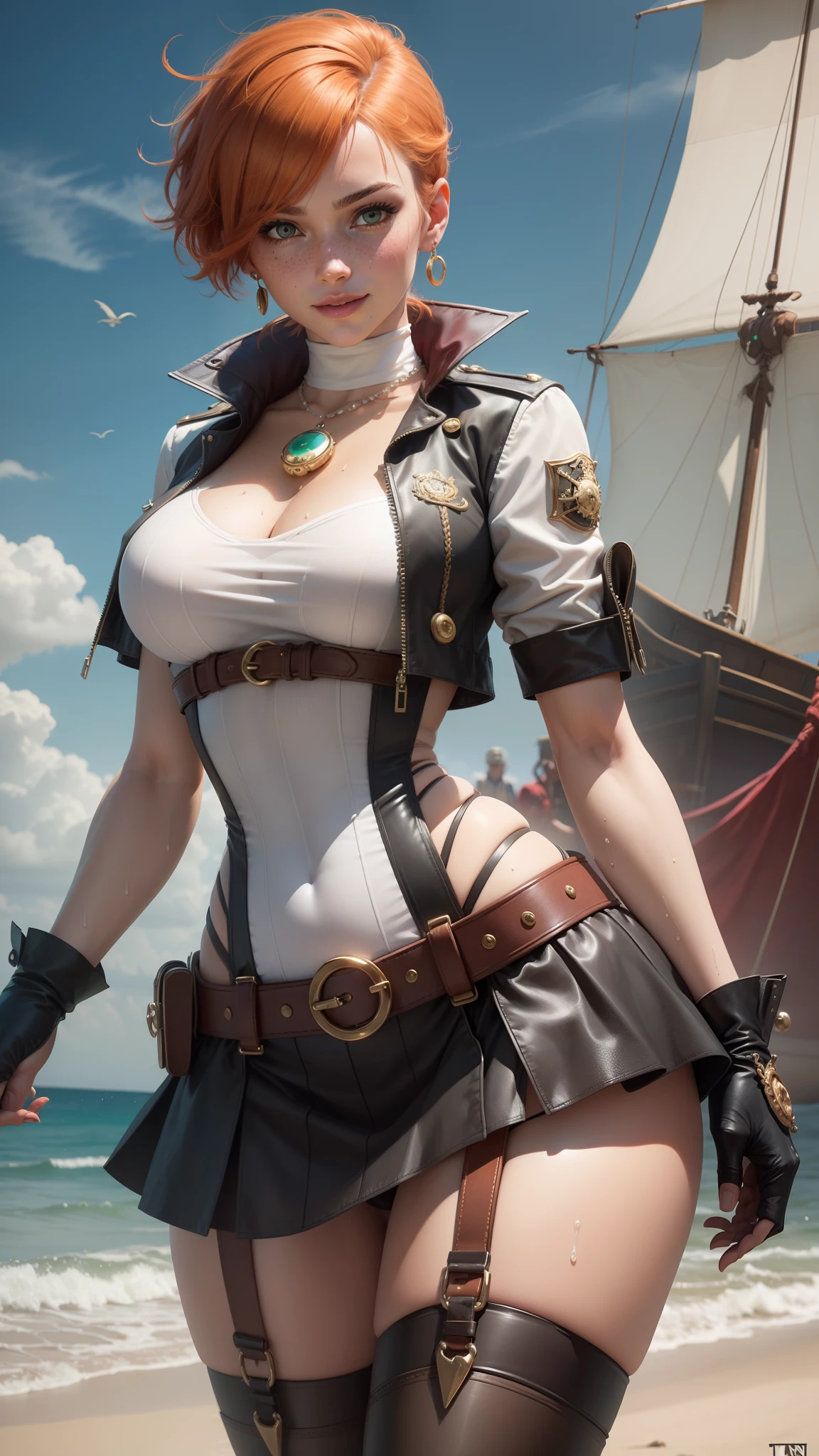 gwen tennyson,tracer,yorha 2b,nami, rebecca chambers,reisalin stout,pirate outfit,beach,teenager,green eyes,thigh high boots,garter belt,striped panties, short hair,orange hair,pirate ship,shy smile,ginger,white striped top,tight skirt, freckles,redhead,pirate corset,pirate jacket,beautiful girl,large breasts,ultra detailed,realistic,pearl earrings,wet shirt,