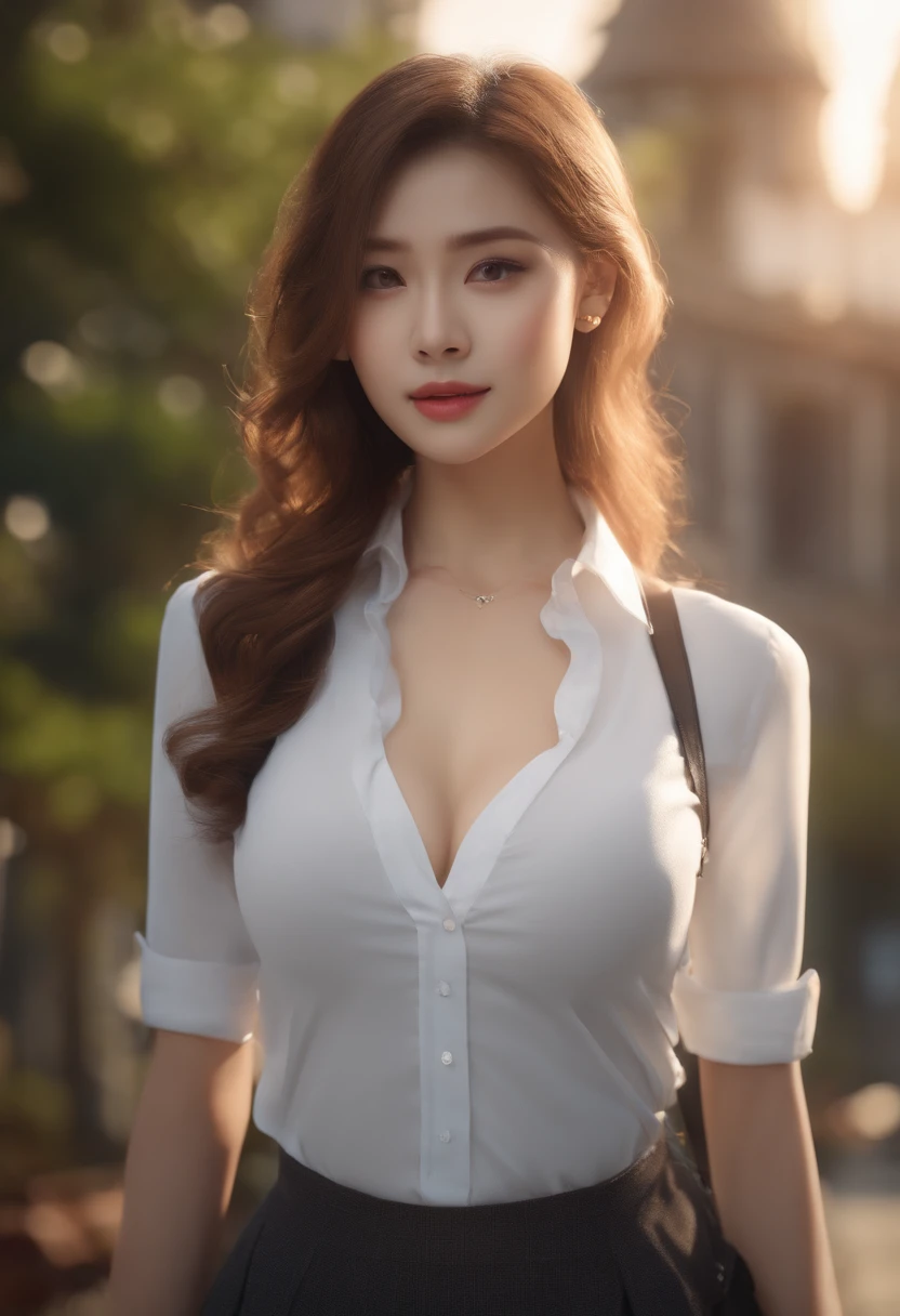 A woman in a white shirt and black skirt posing for a picture - SeaArt AI