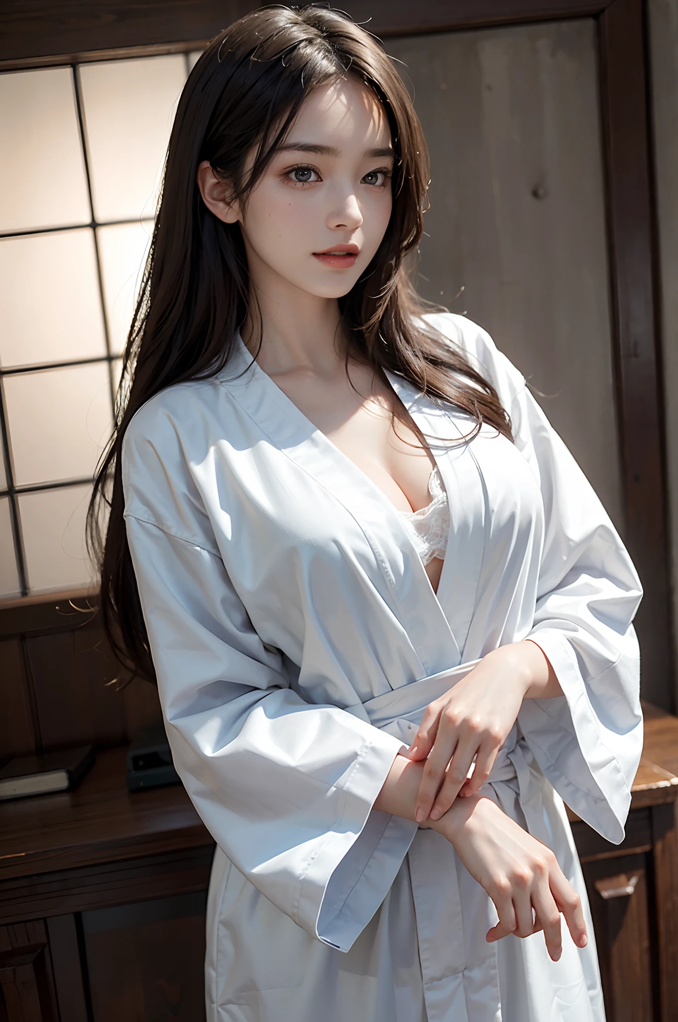 (A hyper-realistic), (illustratio), (hight resolution), (8K), (ighly detailed), (The best illustrations), (beatiful detailed eyes), (top-quality), (ultra-detailliert), (masterpiece), (detailed face), droopy eyes,full of sweat, full body, long hair,inner colored,solo,Girl in bathrobe , huge tits, smile, slim body
