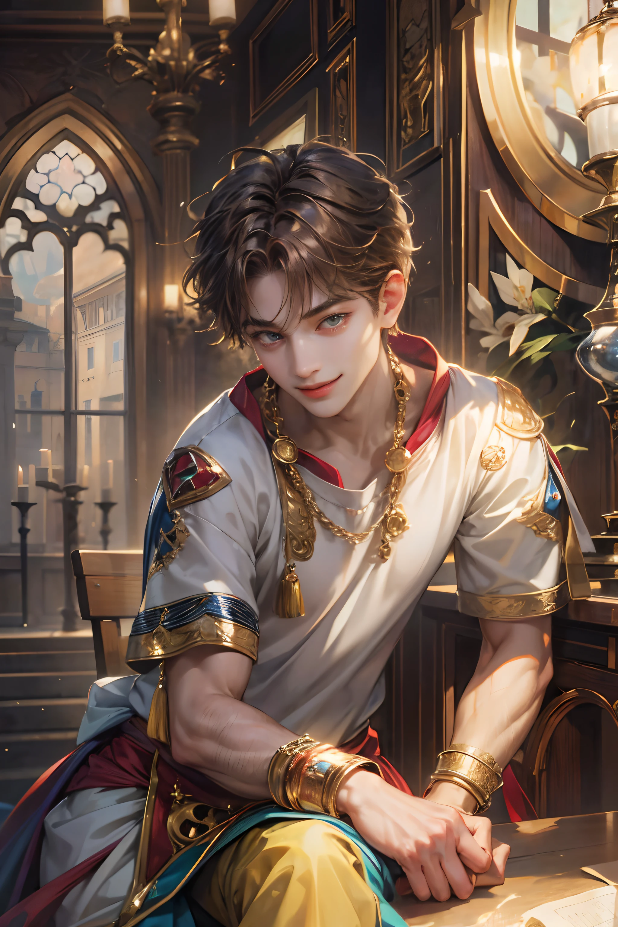 (absurdres, highres, ultra detailed, HDR), masterpiece, best quality, anime character, Anime Magi, short hair, handsome boy, anime eyes, detailed interior, smile. big body