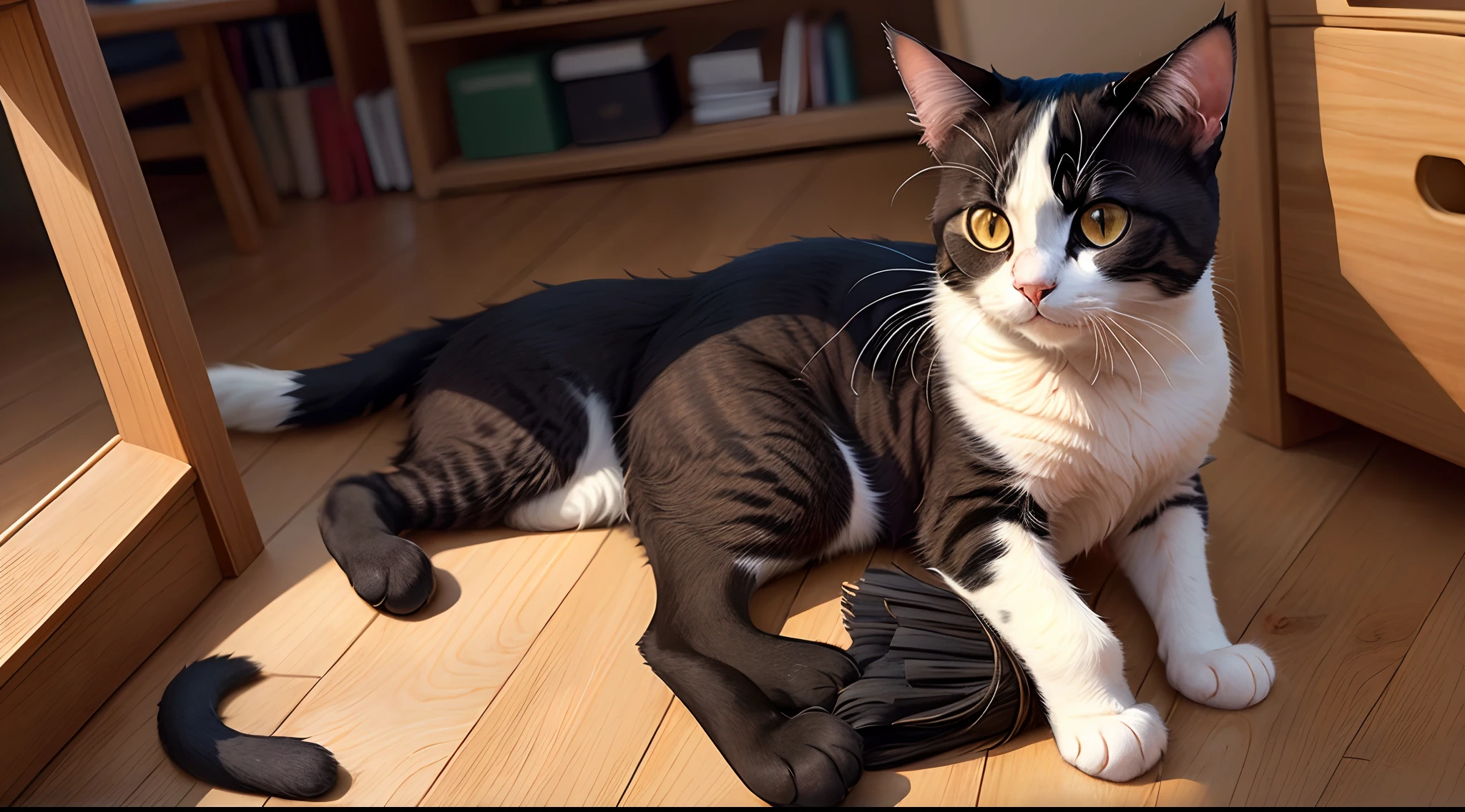 A cat that is black with a white chest