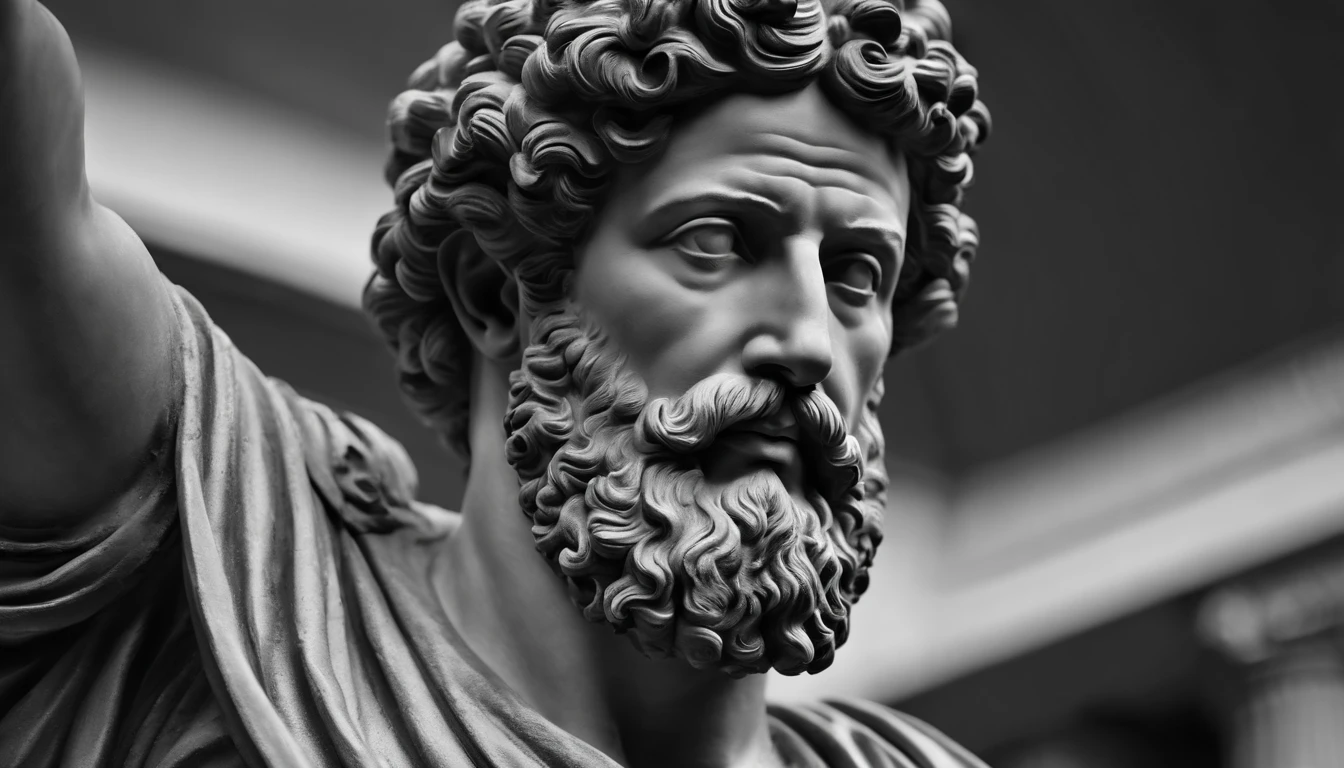 a portrait statue of the stoic Marcus Aurelius in black and white 4K,Face de lado, papel de parede super realista