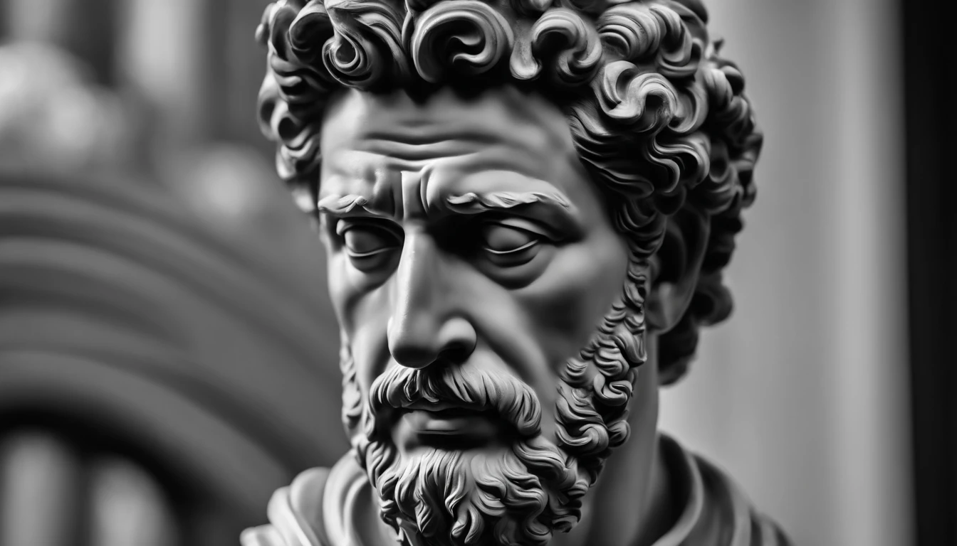 a portrait statue of the stoic Marcus Aurelius in black and white 4K,Face de lado, papel de parede super realista