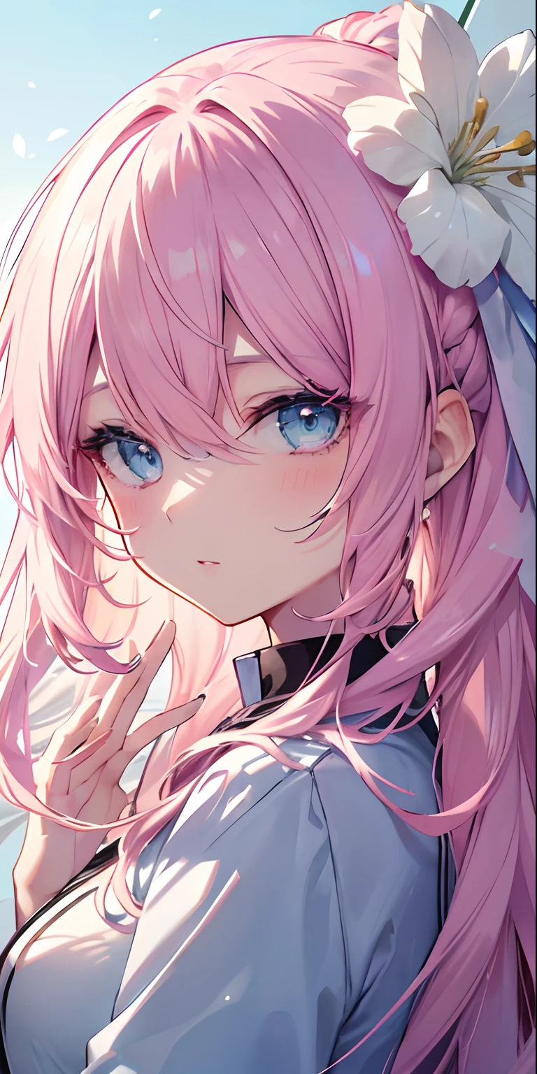(Detailed Lights, Detailed Shadows), 1Woman, Pink Hair, Close-up, Portrait, (Light Blue Eyes), Extremely Detailed Clothes, ((Modern Clothes)), Beautiful Hair, Muscular, Hair Down, Background Extremely detailed, Beautiful Background, (Long Hair), MakeUp, Pokemon Trainer, A White Flower on the Head