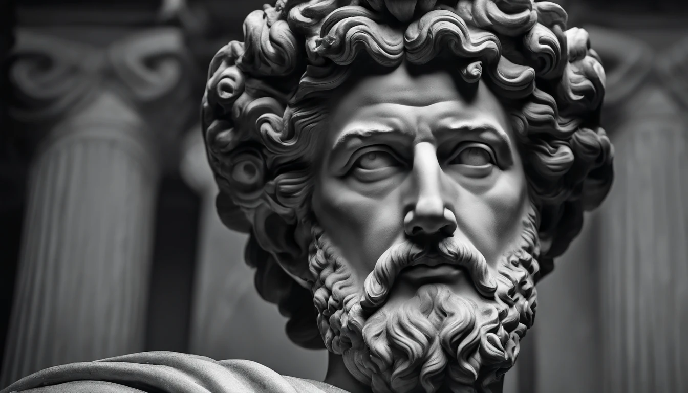 a portrait statue of the stoic Marcus Aurelius in black and white 4K,Face de lado, papel de parede super realista