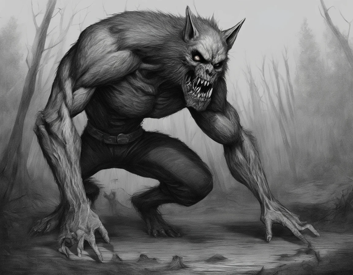 Realistic - Illustration - Pencil Art - Anime - Werewolf, em pose imponente, de frente, boca aberta, Claws on display, corpo inteiro, wears cloth pants, montruoso, musculoso.