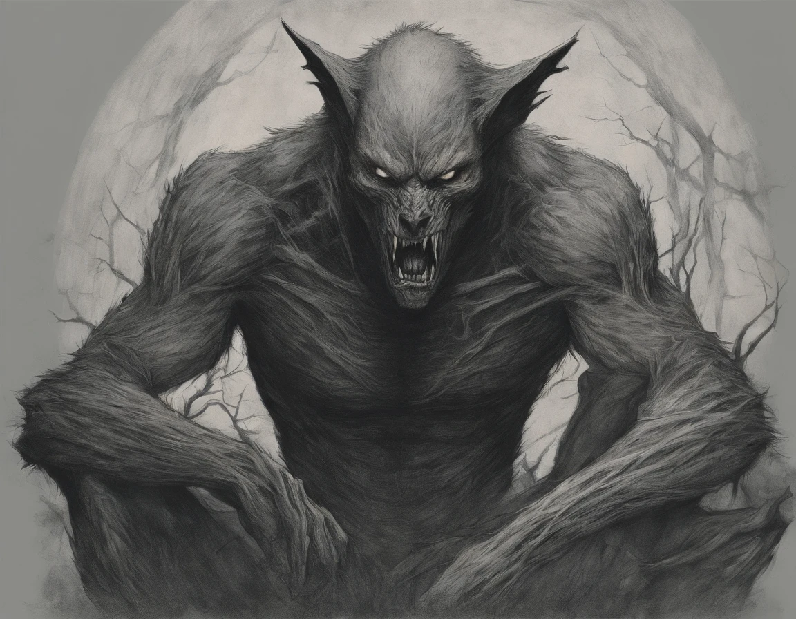 Realistic - Illustration - Pencil Art - Anime - Werewolf, em pose imponente, de frente, boca aberta, Claws on display, corpo inteiro, wears cloth pants, montruoso, musculoso.