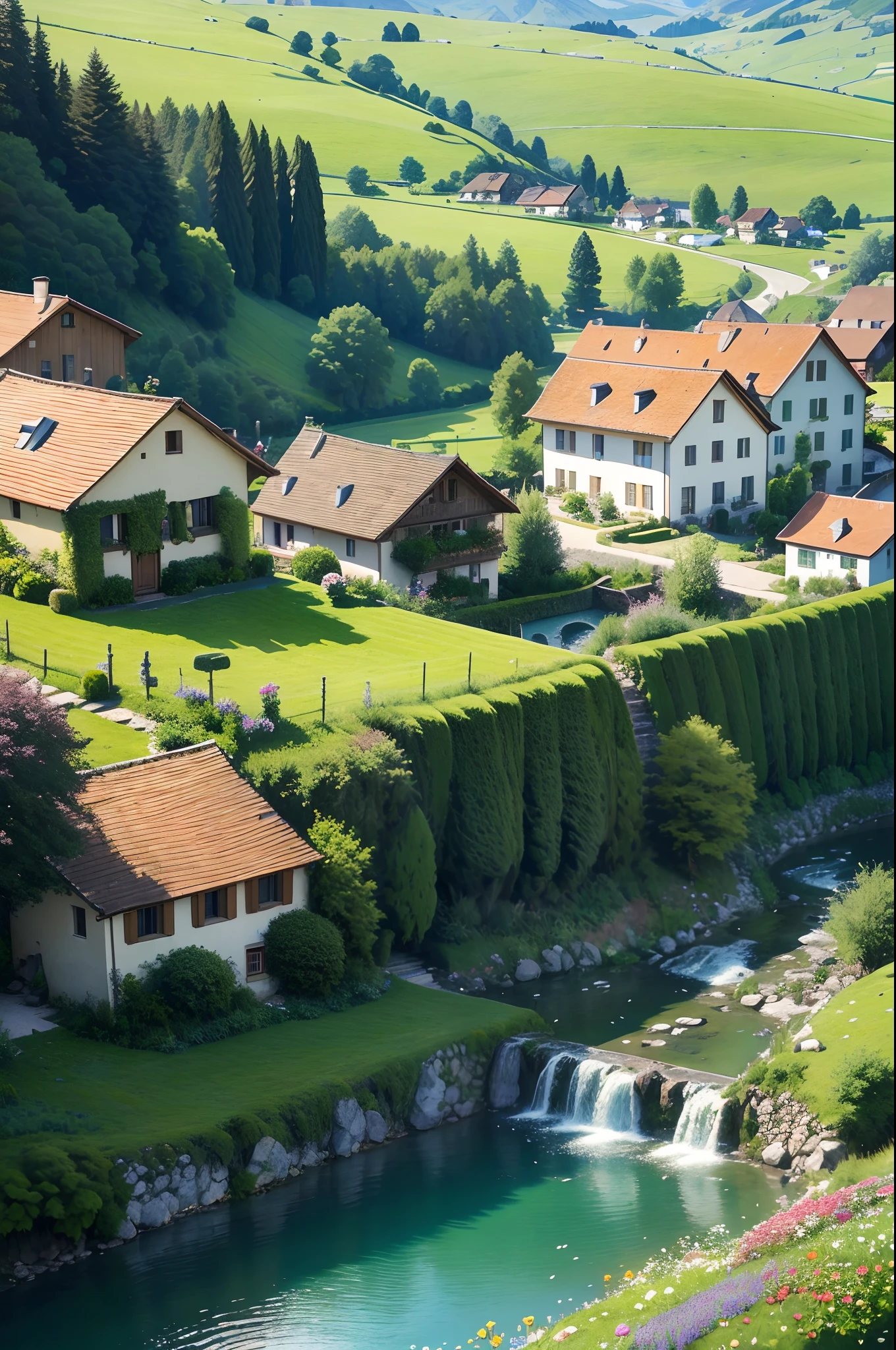 Peaceful and idyllic countryside, Rolling green hills dotted with grazing sheep, Charming villa，Set amidst vibrant flowers, Clear blue sky overhead, Evokes a sense of peace and simplicity, Valle encantador, switzerland, patches of green fields, lush countryside, Valle exuberante,An idyllic village in Milan,，verdant green fields，above a village，Rolling terraces，Colorful garden of flowers and plants，Alpine scenery in the Swiss countryside under the Alps，Carl Sessel Bern，Majestic nature, Swiss architecture, lindo cenario, rios，waterfallr