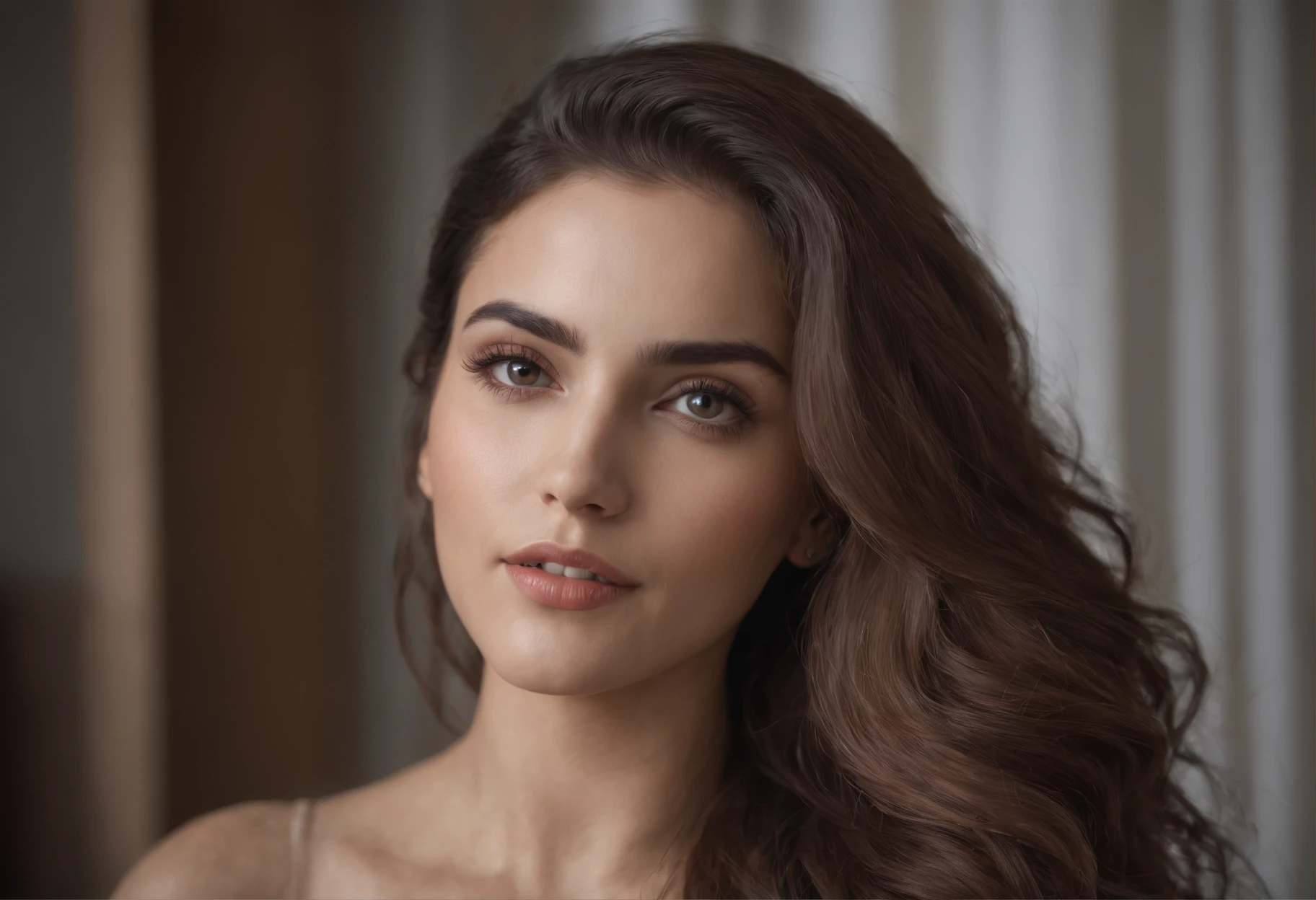 Mulher morena, 8k, ultra realista, quarto, cama, olhar sedutor, olhar penetrante, morena, cabelos longos, barriga definida, olhos claros coxas definidas, sul americana,