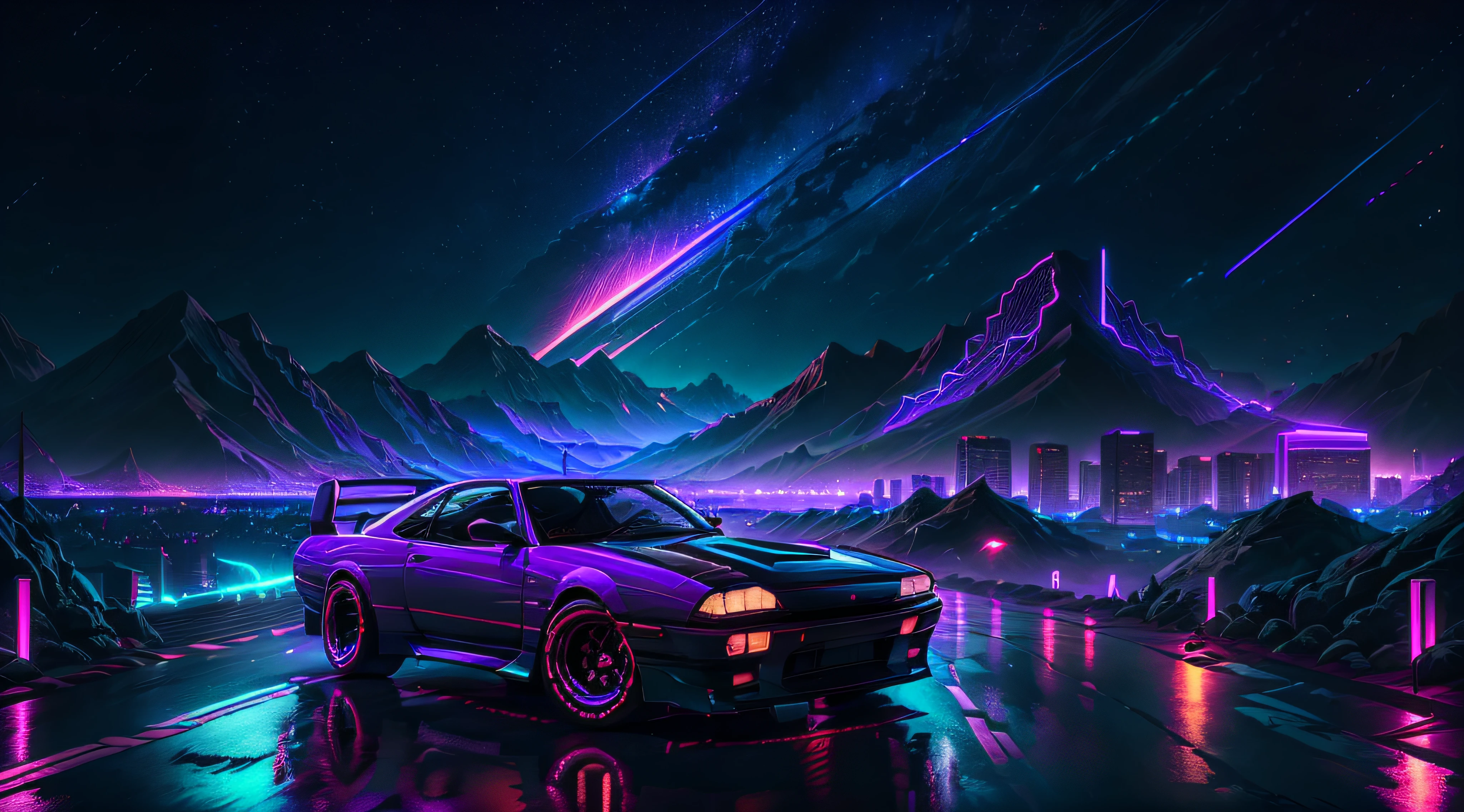 retrowave, night city, Nissan Skyline R34, road, purple neon lights, sun, mountain,
(masterpiece,detailed,highres),