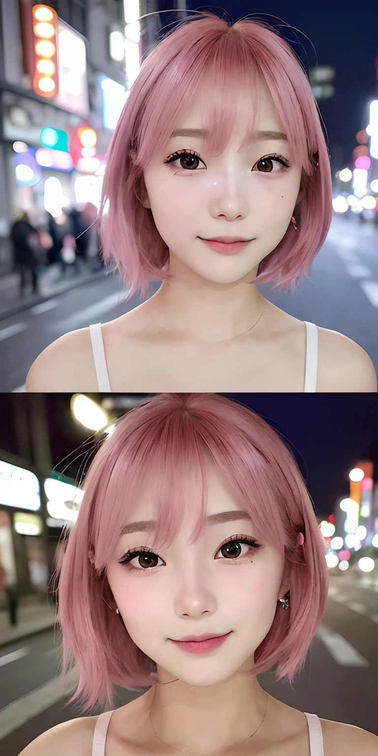 24-year-old woman、beautiful and flawless face。on tokyo street、natta、night cityscape、a closeup、A pink-haired、hair adornments、(Raw photography、top-quality、masterpiece:1.2)、(realisitic、photoRealstic:1.37)、
