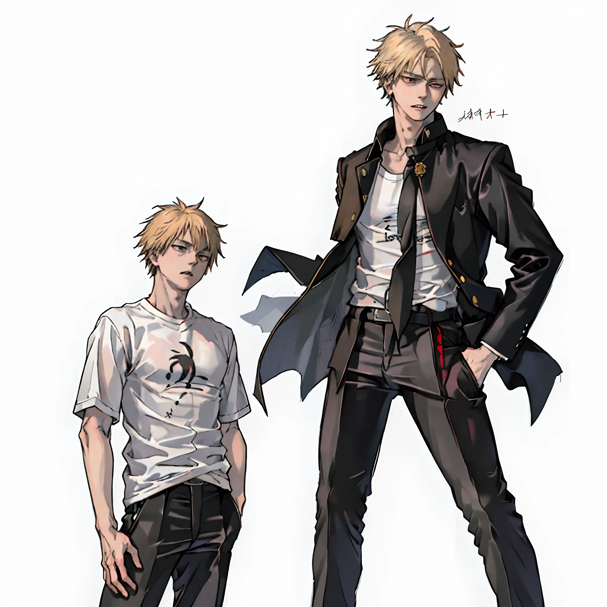masterpiece, best quality, high quality, ((1boy)), blonde hair, red eyes, ((looking away)), depressed, Young and handsome face, sharp teeth, standing, perfect hands, gakuran, open the front of the gakuran, T-shirt, black pants, hands in pants pockets, simple white background