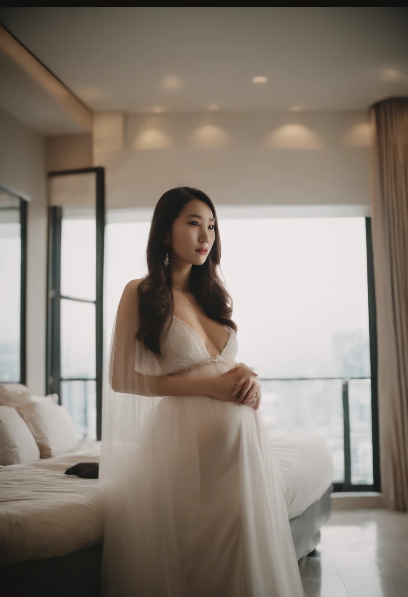 Asian people,teens girl,fullnude,Pregnant women with,private,In the hotel's luxury suites,Chest normal,long whitr hair,long leges